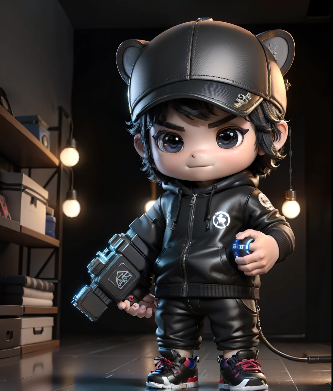 ((Masterpiece, Best quality)),(Complex lighting),,Solo, Smile, Black eyes, Black hair, 3D toy, 3D rendering of, ip, Cyberpunk Style, tchibi, Cute **********, chibiStyle, 4 year old, Hat, White background, full bodyesbian, Male focus, shoes, Pants, polo, baseball cap, wearing lion hood 