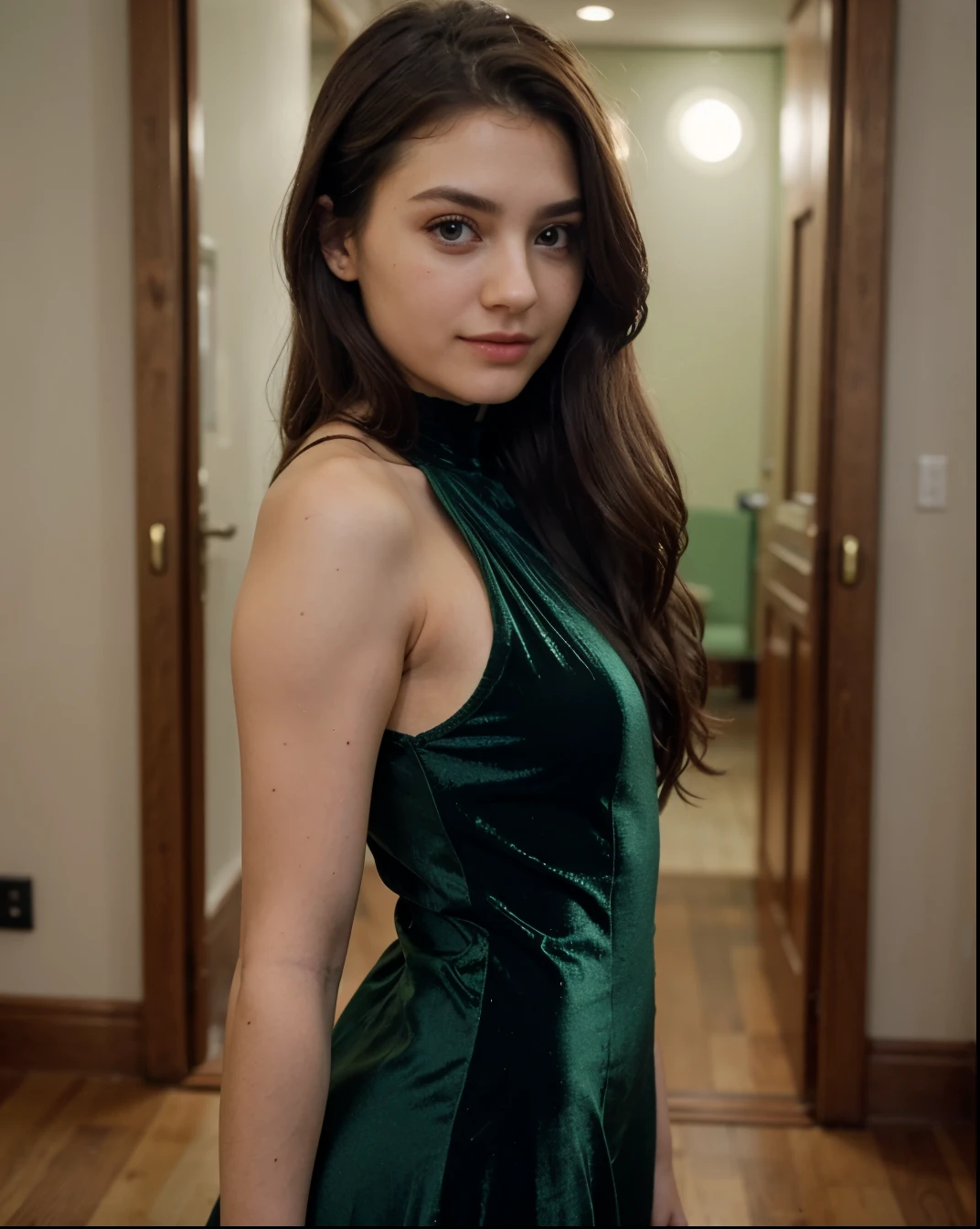 Cute beautiful sexy European light-green-eyed brunette, 22 years old, 

girl in a green dress, dark green dress, she wears a dark green dress, green dress, wearing an elegant dress, elegant dress, sophisticated dress, full body green dress, green dress with a black hood, vine dress, extravagant dress, black velvet dress, revealing stylish dress, astral dress, 

innocent face, face-length 1.3 times the face-width, almond-shaped eyes, squared face-shape, high cheekbones, naturally wavy hair, light-green eyes, high-res, masterpiece, best quality, intricate details, very detailed, sharp focus, detailed skin, realistic skin texture, texture, detailed eyes, professional, 4k, charming smile, shot with Canon, depth of field, Kodak Vision color, perfectly fitting body, extremely detailed, photo_\( ultra\), photorealistic, realistic, post processing, maximum details, roughness, real life, ultrarealistic, photorealism, photography, 8k UHD, photography
