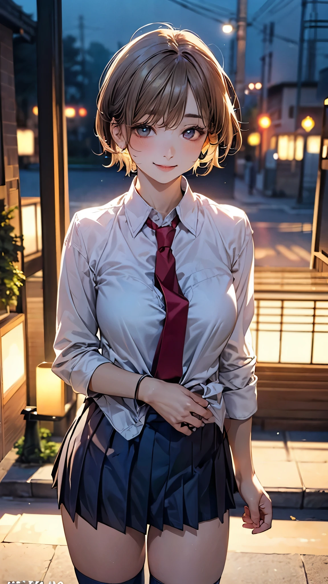 (masterpiece:1.2, top-quality), (realistic, photorealistic:1.4), beautiful illustration, (natural side lighting, movie lighting), nsfw, 
looking at viewer, cowboy shot, front view:0.6, 1 girl, japanese, high school girl, perfect face, cute and symmetrical face, shiny skin, 
(short hair:1.5, pixie cut:1.4, blond hair), bangs pinned back, red eyes, long eye lasher, (large breasts:0.6, thick thighs), 
beautiful hair, beautiful face, beautiful detailed eyes, beautiful clavicle, beautiful body, beautiful chest, beautiful thigh, beautiful legs, beautiful fingers, 
(((navy jacket), white collared shirts, grey pleated mini skirt, navy socks, brown loafer, red tie)), 
(beautiful scenery), evening, riverside, standing, wave hands, (half-closed eye, lovely smile, upper eyes), 