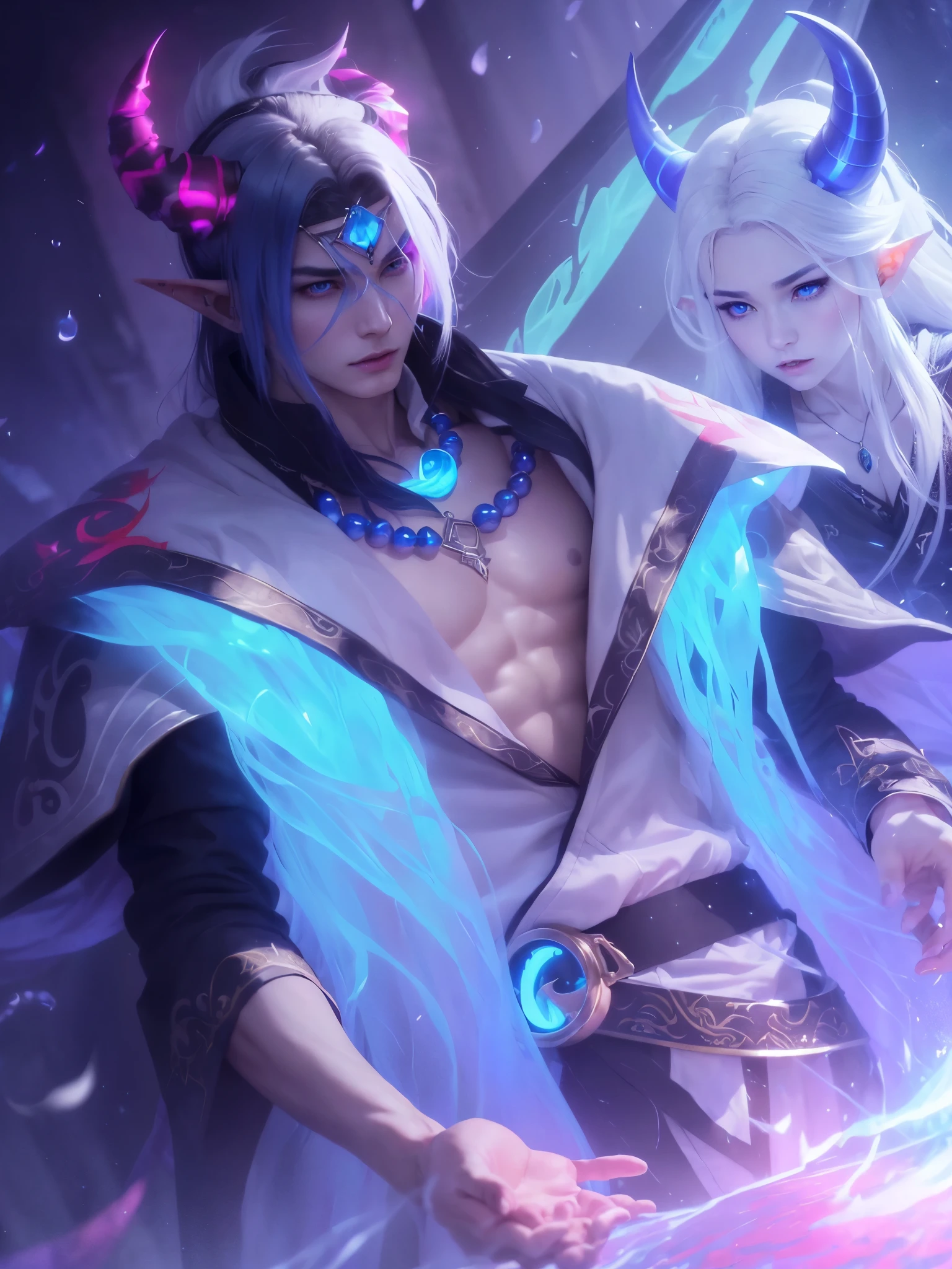 realist, (1 stylish modern male vampire和一个女性鬼魂),(1 stylish modern male vampire, black and white and flowing hair,Blue beads and crescent moon jewelry, gorgeous clothes,Red horns,blue eyeshadow,elf ears,Look down the lens),(1 female ghost, Soul state,Transparent state,Ghost state,Blue horns,white hair,elf ears,white round spot,(Look down the lens)),(Realistic:1.3),drawn in mystical style, splash art, g liulian art style, arcane