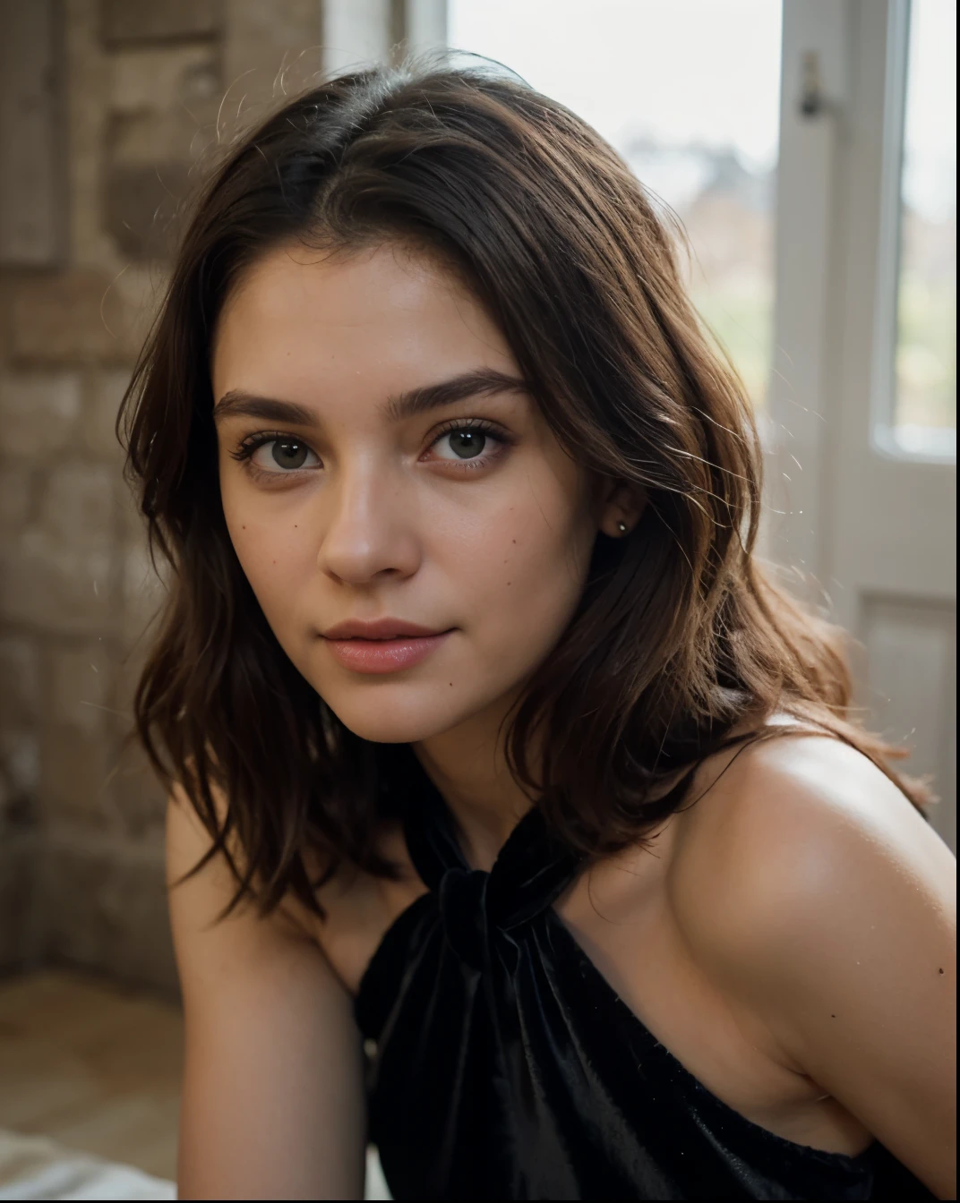 Cute beautiful sexy European light-green-eyed brunette, 22 years old,
girl in a black velvet dress, revealing stylish dress, velvet black dress, black dress, elegant dress, castle ruins, nature,
innocent face, face-length 1.3 times the face-width, almond-shaped eyes, squared face-shape, high cheekbones, naturally wavy hair, light-green eyes, high-res, masterpiece, best quality, intricate details, very detailed, sharp focus, detailed skin, realistic skin texture, texture, detailed eyes, professional, 4k, charming smile, shot with Canon, depth of field, Kodak Vision color, perfectly fitting body, extremely detailed, photo_\( ultra\), photorealistic, realistic, post processing, maximum details, roughness, real life, ultrarealistic, photorealism, photography, 8k UHD, photography