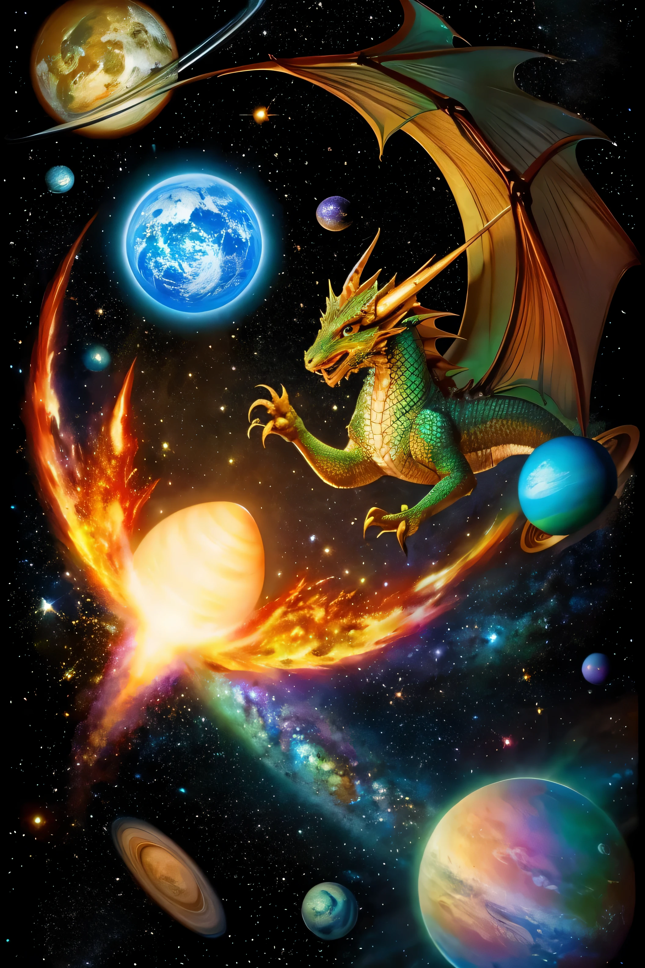masterpiece, high quality、Beautiful Dragon、A young dragon newly born from an egg、The background is space、Planets of the solar system、milky way、nebula