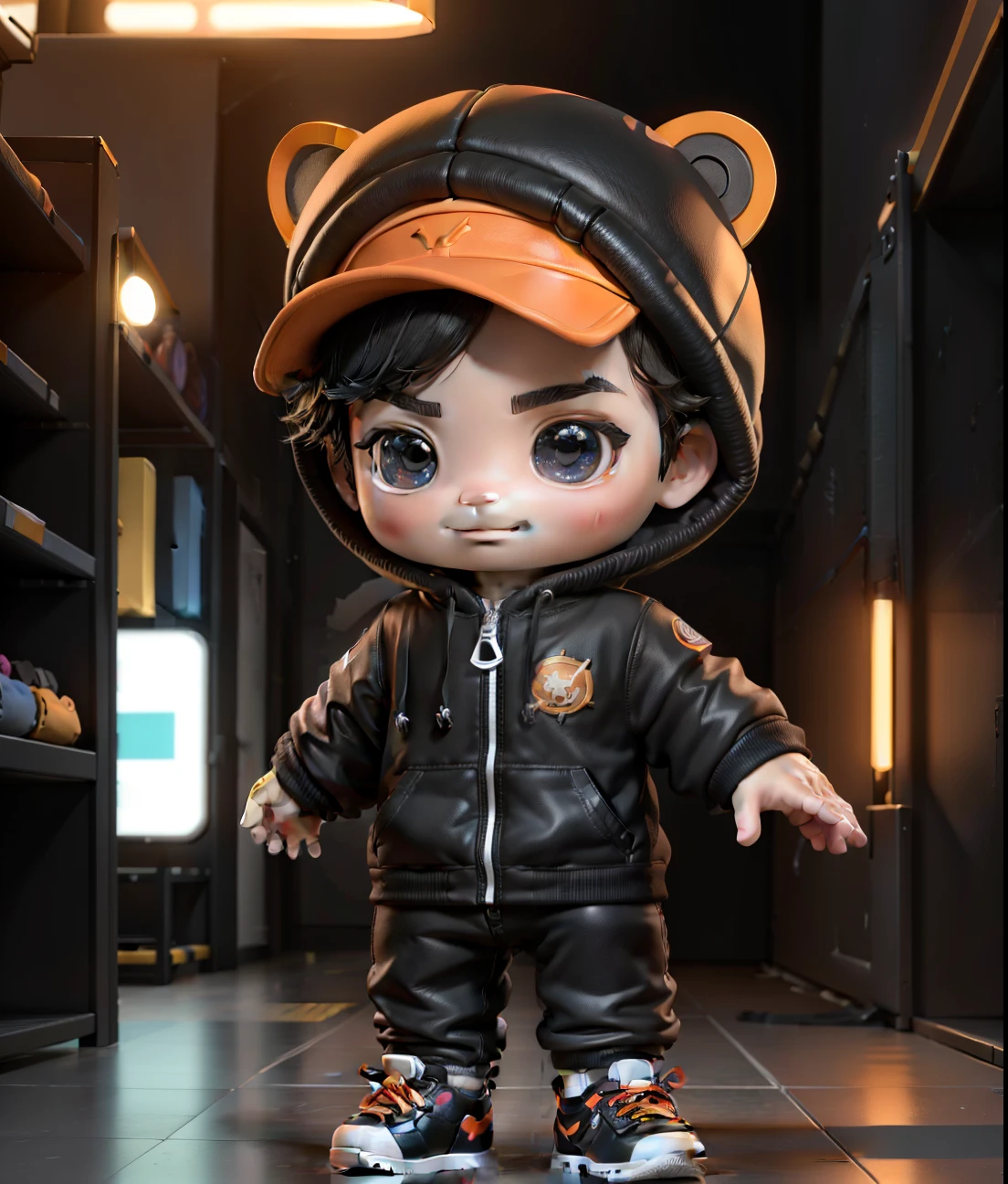 ((Masterpiece, Best quality)),(Complex lighting),,Solo, Smile, Black eyes, Black hair, 3D toy, 3D rendering of, ip, Cyberpunk Style, tchibi, Cute baby boy, chibiStyle, 1 year old, White background, full bodyesbian, Male focus, shoes, Pants, polo, baseball cap, wearing orange lion hood 