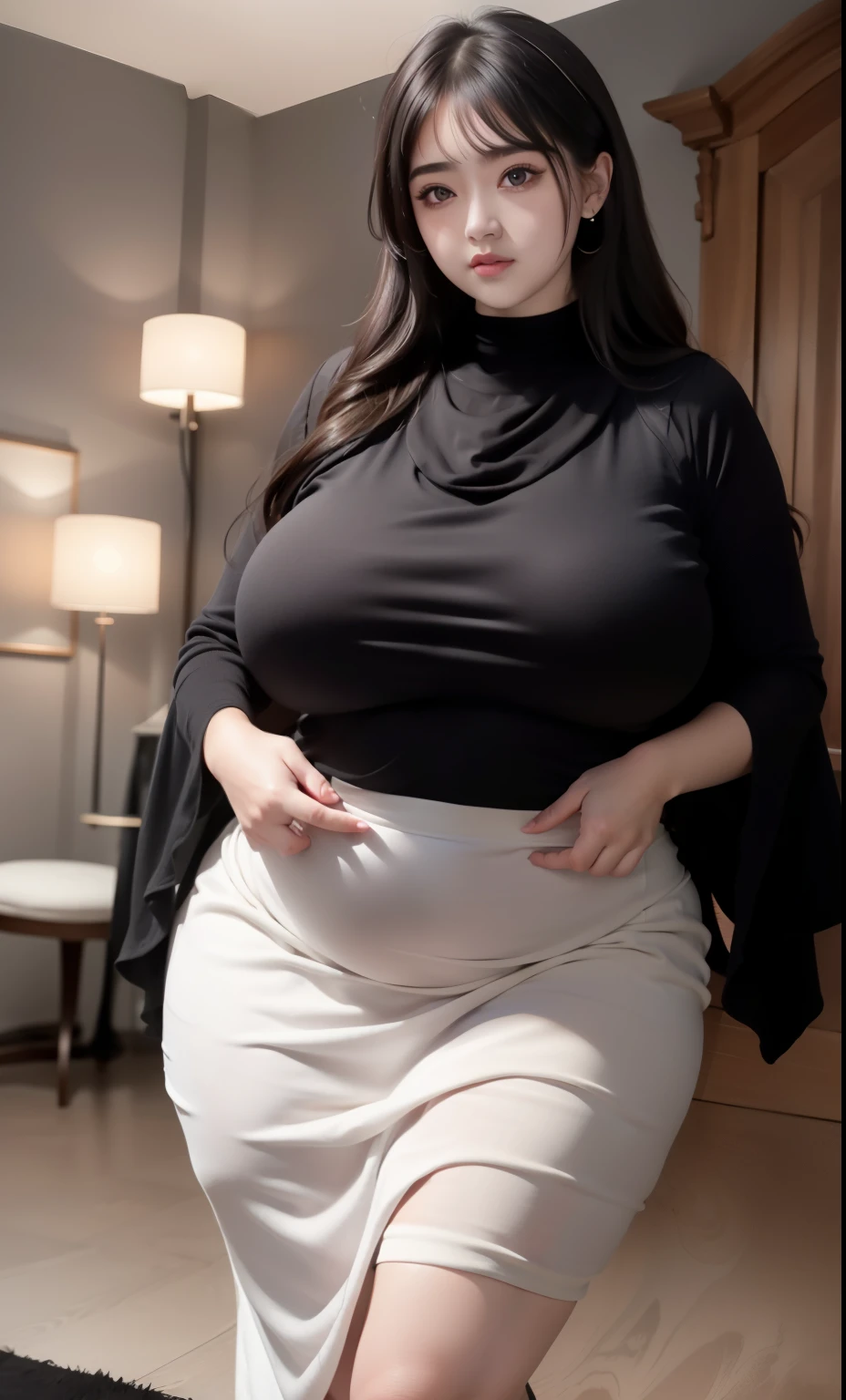 araffe woman in a black top and a gray skirt, thicc, large)}], alluring plus sized model, she has a jiggly fat round belly, thick neck, covered sfw huge breasts, with large breasts, hyperrealistic full figure, bbwchan, revealing clothes, open v chest clothes, powerful and huge, covered breasts