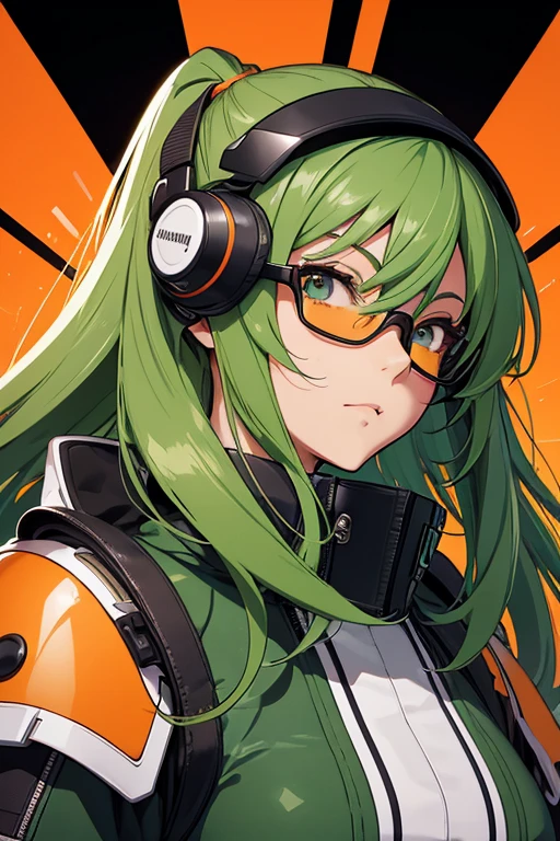 Wearing very big futuristic VR goggles on his head、Woman Inventor, Hair color is light brown and tied in one, Eyes are big、The color is brown, close to bright orange,, Large black-rimmed glasses, Wearing an armygreen colored flight jacket ,Modern anime style, anime style illustration, By Shinkai Makoto ( Apex Legends ), digital anime illustration,