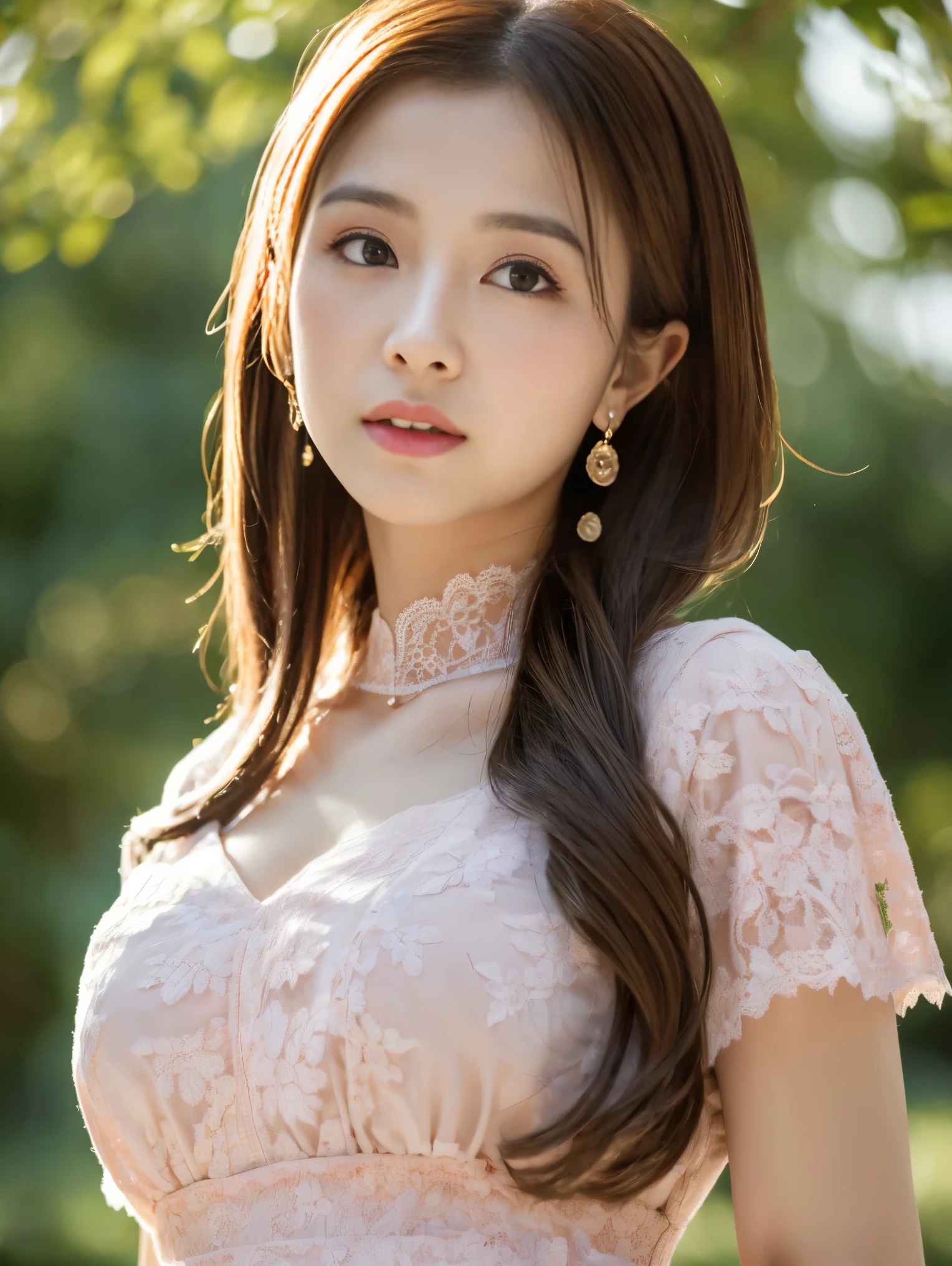 (8K, highest quality, masterpiece:1,2), (realistic, Photoreal:1.37), Super detailed, one girl,), (very detailed), (Detailed and beautiful eyes), (highest qualityの), (Super detailed ), (masterpiece), (detailed face),woman((19 years old)), hair((Caramel color,Straight, super length)), eye ((Red eye, Big Eyes)), Clothes((naked, Nude)), accessories ((earrings, necklace)), huge breasts, big , smile, background,Long hai,cowboy shot, high quality human skin texture, high quality nipple texture, japanese girl 18 yrs old, GREEN NATURAL BACKGROUND, beautiful, high quality human face, Nude naked, naked