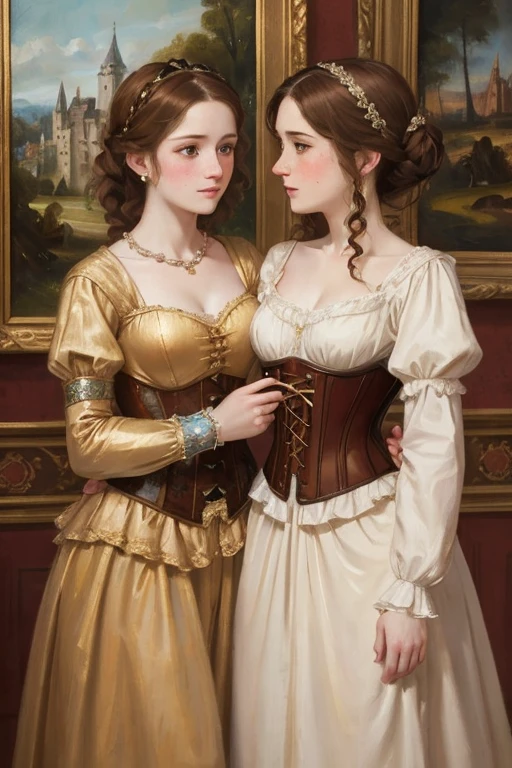 Beautiful women, short wavy brown hair, rough pale skin, freckles. Goddess, fancy revealing dress, corset, long puffy sleeves, heroine, blushing, two women, hugging, best quality, oil painting, painting, classical painting, classical portrait, renaissance portrait, inside a castle