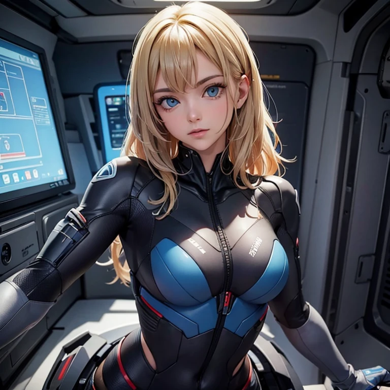 N Radio Wave, 1 girl, alone, robot, cyborg, Very obvious, simple background, blue eyes, Front view, belly button, sitting in a chair, looking at the viewer, student, Big eyes, realistic, white background, Please dress, cool pose,
