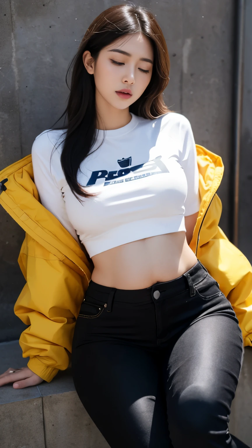 (photorealistic),(masterpiece),(ultra-detailed),a very pretty and sexy 20 year old girl holding more than liters of pee, wearing crop bubble jacket and tight black jeans, hands jammed between thighs, lower abdomen part of the tight black jeans bulging from full bladder as sphere that is big as her as if she was fully nine months pregnant but smooth rounded ,enduring extreme urge to pee,eyes slightly closed,pee about to come out,sweating,legs crossed tightly