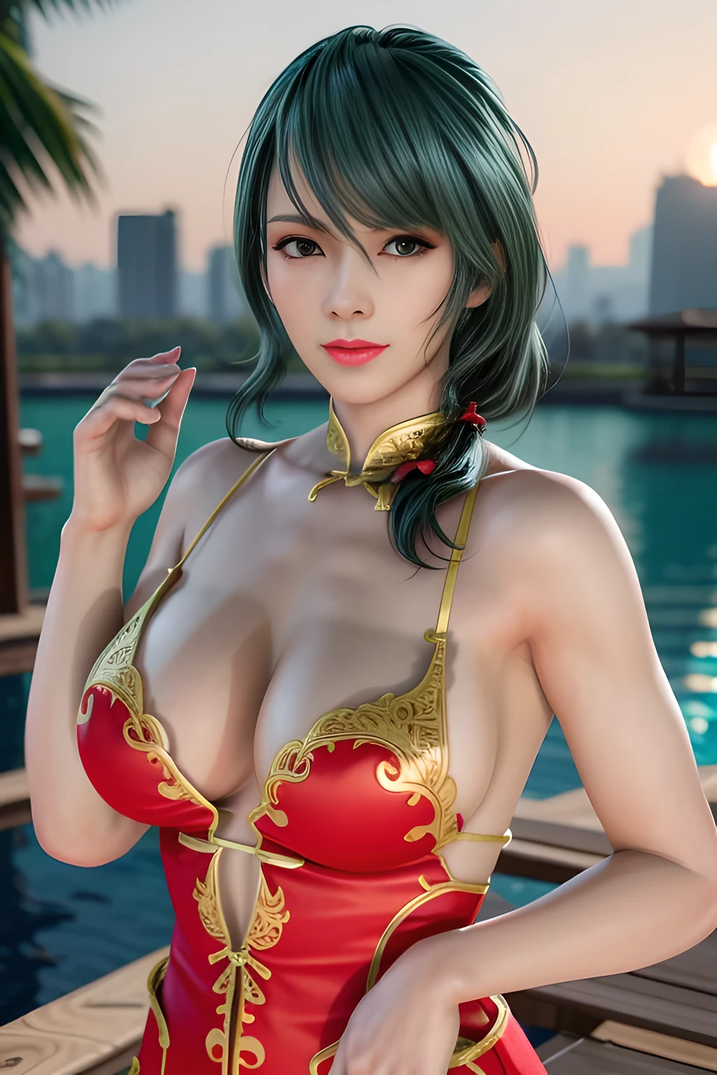 1 girl,Tamaki,Relax,(Wearing Chinese clothing),(((in dubai))),jewelry,Lips slightly open, lustful smile, red lips,huge breasts,Charming cleavage,((8k, original photo, top quality, masterpiece), HD RAW color photos professional close-up photos), (actual, photorealism: 1.37), (best quality), (best shade), ((erotic, Sexy), ultra high resolution, HD CG unified 8K wallpaper, Physically based rendering, movie lighting),