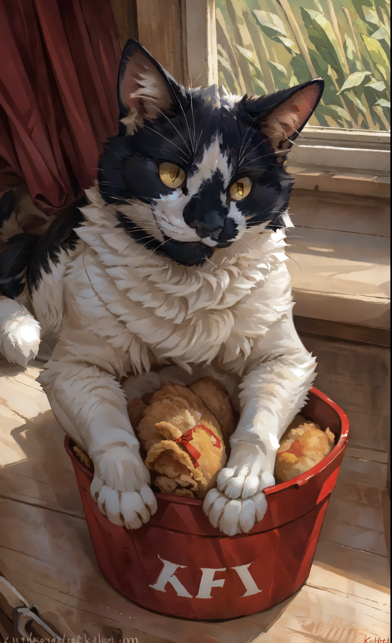 Leo, feral, black and white cat, fluffy, yellow cat eyes, cute cat, by kenket, inside of a kfc bucket, smiling, happy, surrounded by fried chicken, in a kfc restaurant, popping out of a kfc bucket 