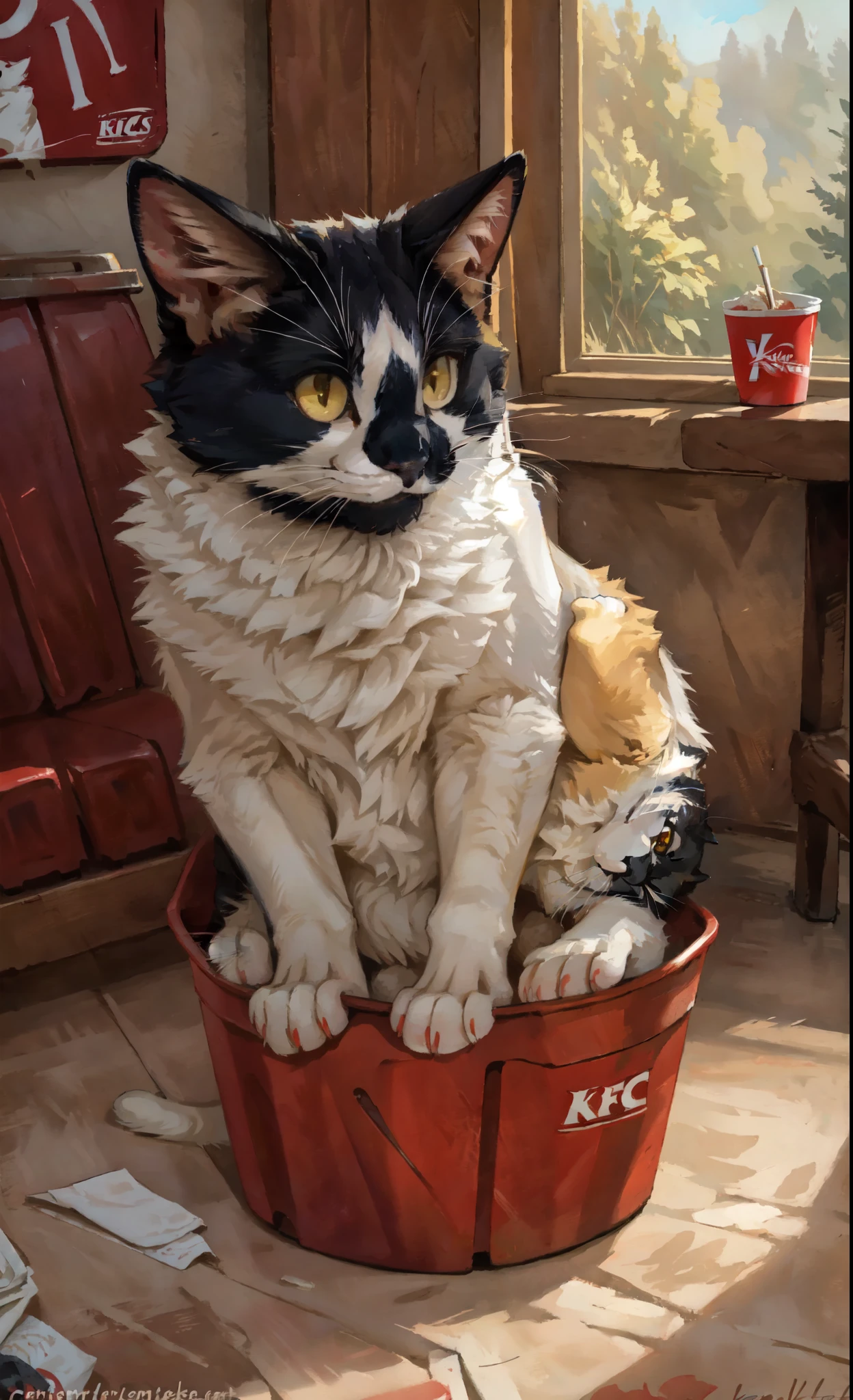 Leo, feral, black and white cat, fluffy, yellow cat eyes, cute cat, by kenket, inside of a kfc bucket, smiling, happy, surrounded by fried chicken, in a kfc restaurant, popping out of a kfc bucket
