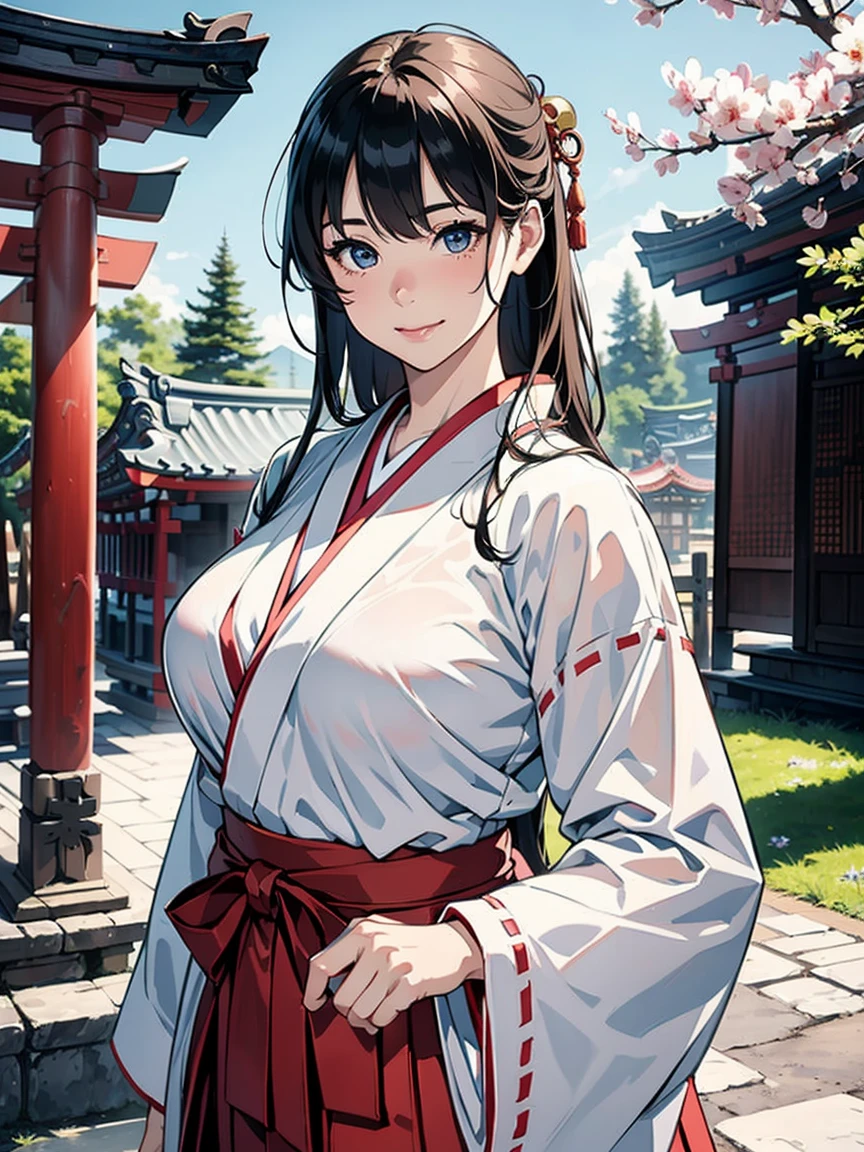 (Hyper-realistic), (a picture), (high resolution), (in 8K), (high detailed), (Best Illustration), (Beautiful detailed eyes), (Beautiful detailed face), (top-quality), (ultra-detailed), (masterpiece), (wall-paper), (extremely detailed face), (black long hair), (1 girl), (solo), (a detailed eye, thin cheeks, shinny skin, shiny lip, lighting on the face), (standing:1.0), Cameltoe, (large breasts), (small breasts), (skinny thigh), (slim waist), (smile), (miko clothes), (long sleeve), (long hakama:1.2), (sakura), (shinto shrine)
