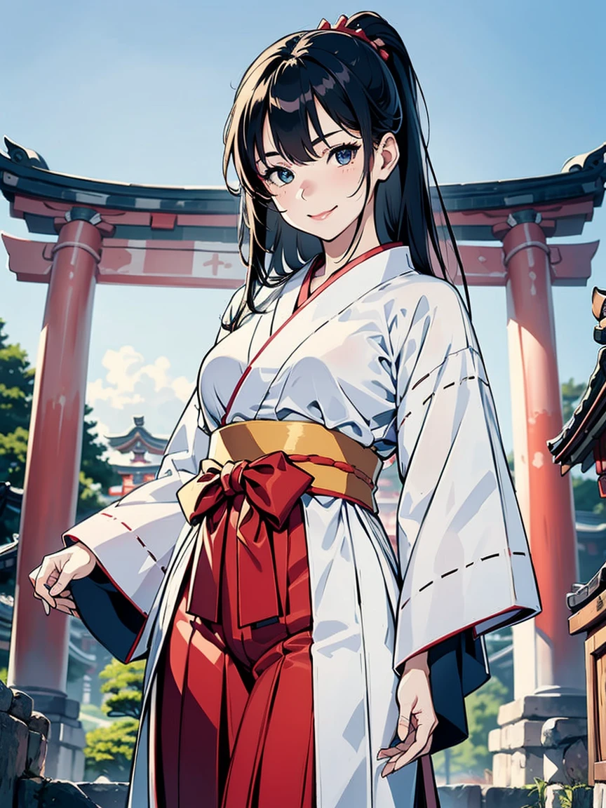 (Hyper-realistic), (a picture), (high resolution), (in 8K), (high detailed), (Best Illustration), (Beautiful detailed eyes), (Beautiful detailed face), (top-quality), (ultra-detailed), (masterpiece), (wall-paper), (extremely detailed face), (black long hair), (1 girl), (solo), (a detailed eye, thin cheeks, shinny skin, shiny lip, lighting on the face), (standing:1.0), Cameltoe, (large breasts), (small breasts), (skinny thigh), (slim waist), (smile), (miko clothes), (long sleeve), (long hakama:1.2), (sakura), (shinto shrine)