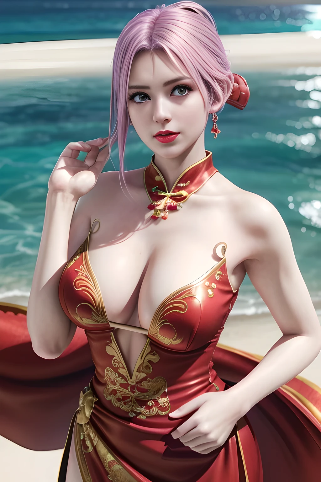 1 girl,Alice,Relax,(Wearing a Chinese dress:1.4),(Beaches in the Maldives),jewelry,grace,(((red lips))), Lips slightly open, lustful smile, clavicle,(huge breasts),Charming cleavage,((8k, original photo, top quality, masterpiece), HD RAW color photos professional close-up photos, (actual, photorealism: 1.37), (best quality), (best shade), ((erotic, Sexy, ultra high resolution, HD CG unified 8K wallpaper, Physically based rendering, movie lighting),alone,