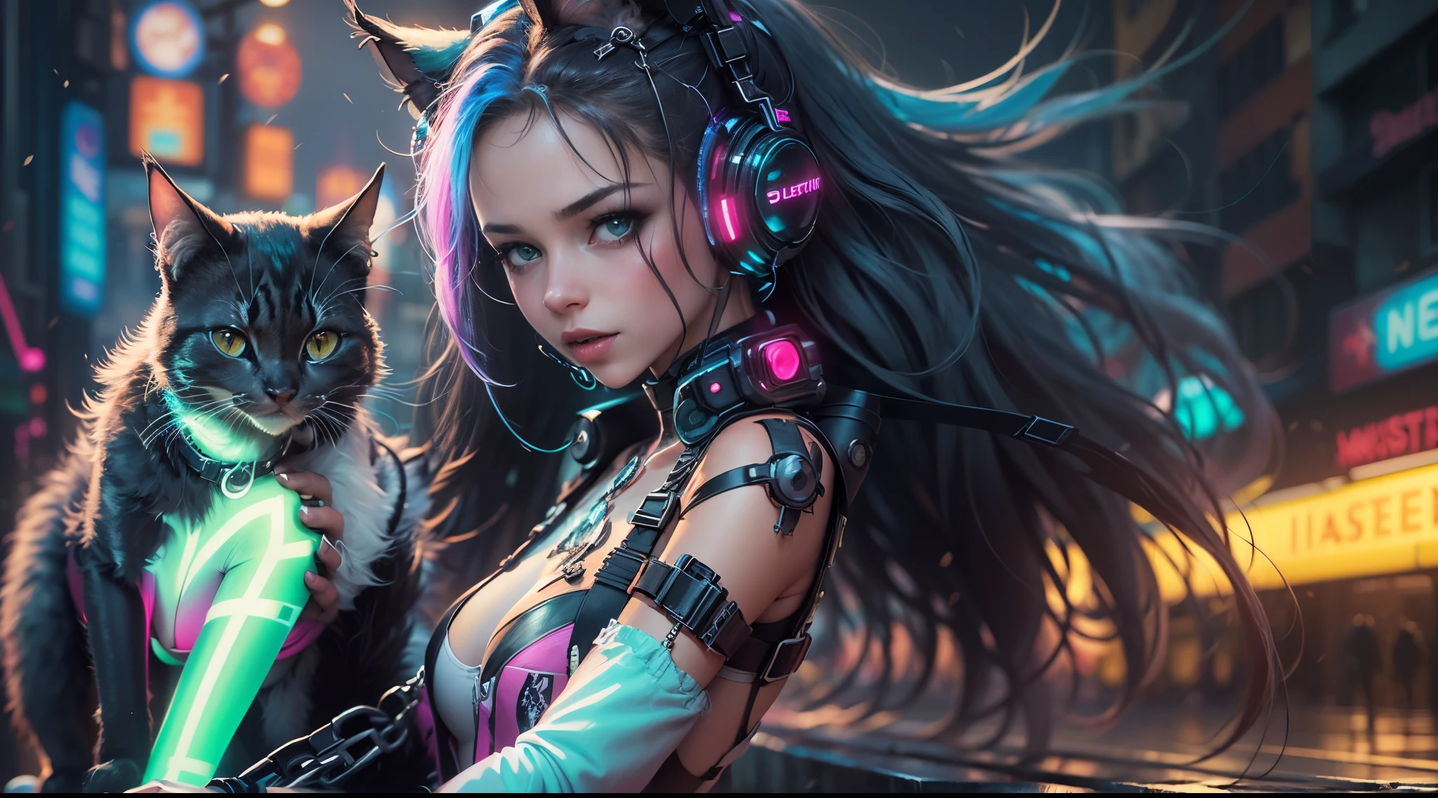 beautiful young black cat with multi color galaxy eyes futuristic geek outfit and headset with posture for profile picture art based on realistic drawing Cinematic Lighting, Unreal Engine 5, Cinematic, Color Grading, Editorial Photography, Photoshoot, Shot on 70mm lens, Depth of Field, DOF, Tilt Blur, Shutter Speed 1/1000. F/22, White Balance, 32K, Super-Resolution, Megapixel, ProPhoto RGB. VR, high, epic, artgerm, alex ross, Halfrear Lighting, Backlight, Natural Lighting, Incandescent, Optics, Fiber, Moody, Lighting, Cinematic, Lightning, Studio Lightning, Soft Lightning, Volumetric, Contre-Jour, dark Lighting, Accent Lighting, Global Illumination, Screen Space Global Illumination, Ray Tracing, Global Illumination, Red Rim light, cool color grading 45%. Optical, Scattering, Bright, Shadows, Rough, Sparkling, Ray Tracing Reflections, Lumen Reflections, Screen Space Reflections, Diffraction Grading, Chromatic, Aberration, GB Offset, Scan Lines, Ray Tracing, Ray Tracing Environment Occlusion, Anti-Aliasing, FKAA, TXAA, RTX, SSAO, Shaders, OpenGL-Shaders, GLSL-Shaders, Post-Processing, Post-Production, Cel Shading, Tone Mapping, CGI VFX, SFX, insanely detailed and intricate,  hypermaximalist, elegant, hyper realistic, supee detailed, dynamic pose, centered, photography --auto --s2