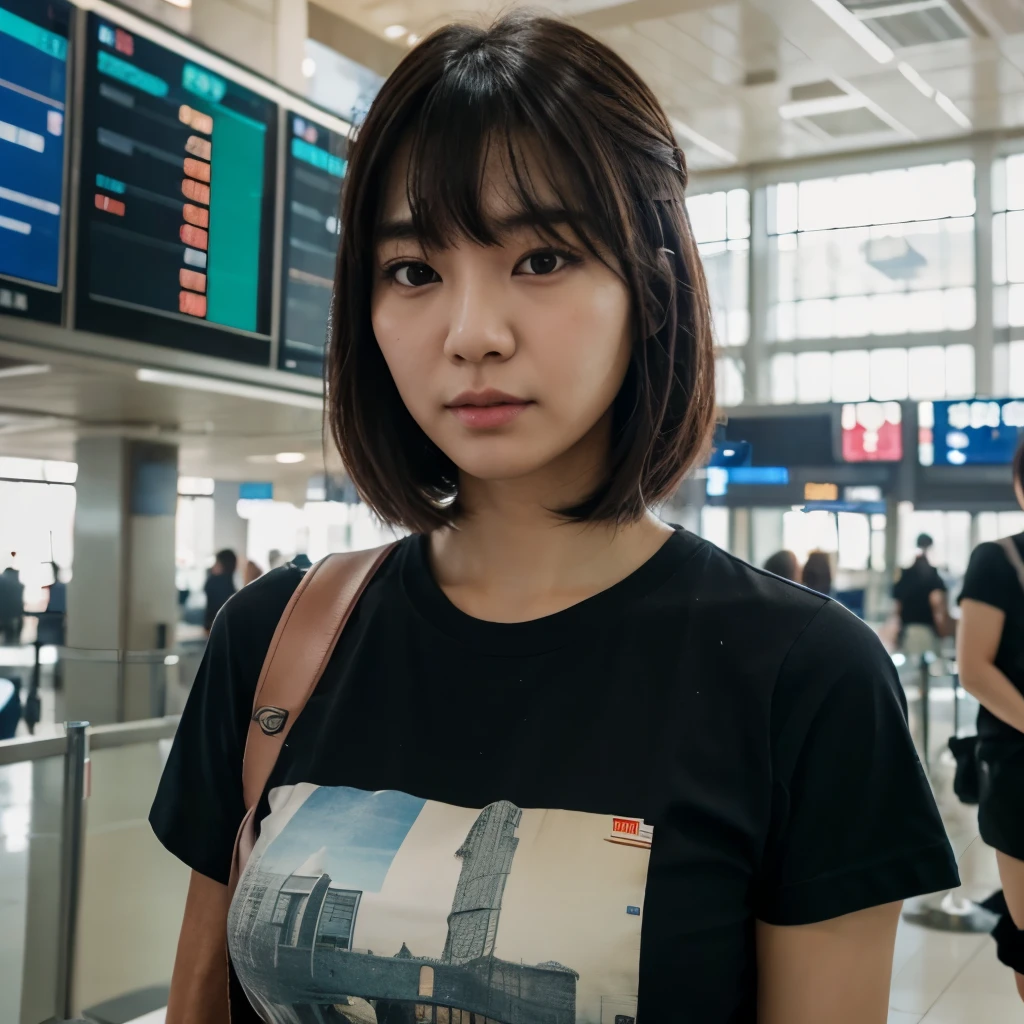 realistic photos of Korean female, crossed bangs, slightly smile, t-shirt, in the airport, pov, Eye-Level Shot, blurry, UHD, masterpiece, highres, 16k