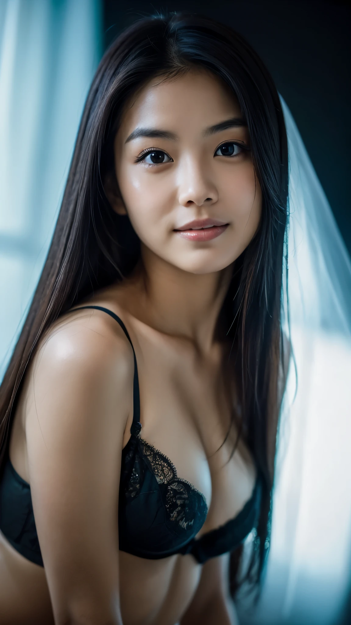 highest quality, epic realistic, ((in the pitch black darkness :1.4)), ((portrait:1.5)),(background: dark ) high contrast ,glorious picture, lowest lux, lighting face, she's comfortable, wearing white lingerie, looks incredible, (8k, Raw photo, Highest quality),(epic realistic:1.5), a woman, face,(detailed eyes:0.8),(looking at the camera:1.4), (Highest quality), ( high contrast, deep shadows),Intricate details,cinematic,((skin:1.4)), (long dark hair:1.3), long hair, messy ,(Hdr:1.5),Detailed, colors, Superior quality, Masterpiece, Raw Photo (20-year-old, looking at viewer), beautiful, (wearing underwear,), perfect, natural, perfect composition, portrait, perfect face, smiling expression, Captivating eyes, Bright details, Tight lips, (High Skin Detail),, (blue tint: 0.6), (sale: 0.8), (bloody: 0.7), Key lighting , (backlight: 0.5), Medium depth of field, Canon 5d, 50mm lens, f/4 apertures, (Ultra-detailed, Complex detail), sharp focus, soft colors, 8k, Absurd, 80mm, dark background, photography, smiling, pinay, filipina, medium boobs,