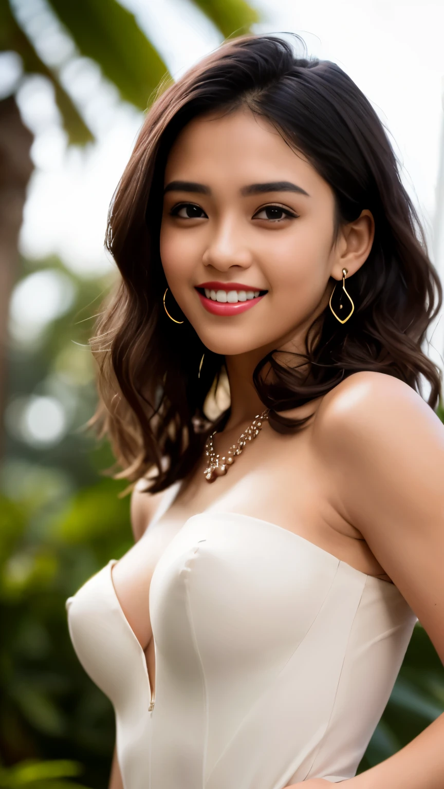 (8k, RAW Photos, Best Quality, High Resolution: 1.1), (Ultra Realistic: 1.4), (Realistic, Photorealistic: 1.3), young girl, (Malay Pakistani look), wearing strapless mermaid dress, posing in green garden,  6pm, (dimples cheek), Realistic Face, Realistic Body, Realistic Skin, side view, Absurdity, Masterpiece, (Cute: 1.8), Cuties, Solo, Detailed Black Eyes, Innocent Eyes, Cheek, Film grain, long necklace,  small earrings, ((hair black, long length, wavy hair)), cherry colored lips,  look viewer from below, upper body, open lips, cleavage, medium breast, nipples, upper teeth, cute smile show teeth, (smiling eyes: 0.6), (grin: 1.2)), depth of field, blurred background, eye focus, bokeh, young, 85mm lens f/2, ambient soft lighting,  photon mapping, radiosity, physically based rendering, 