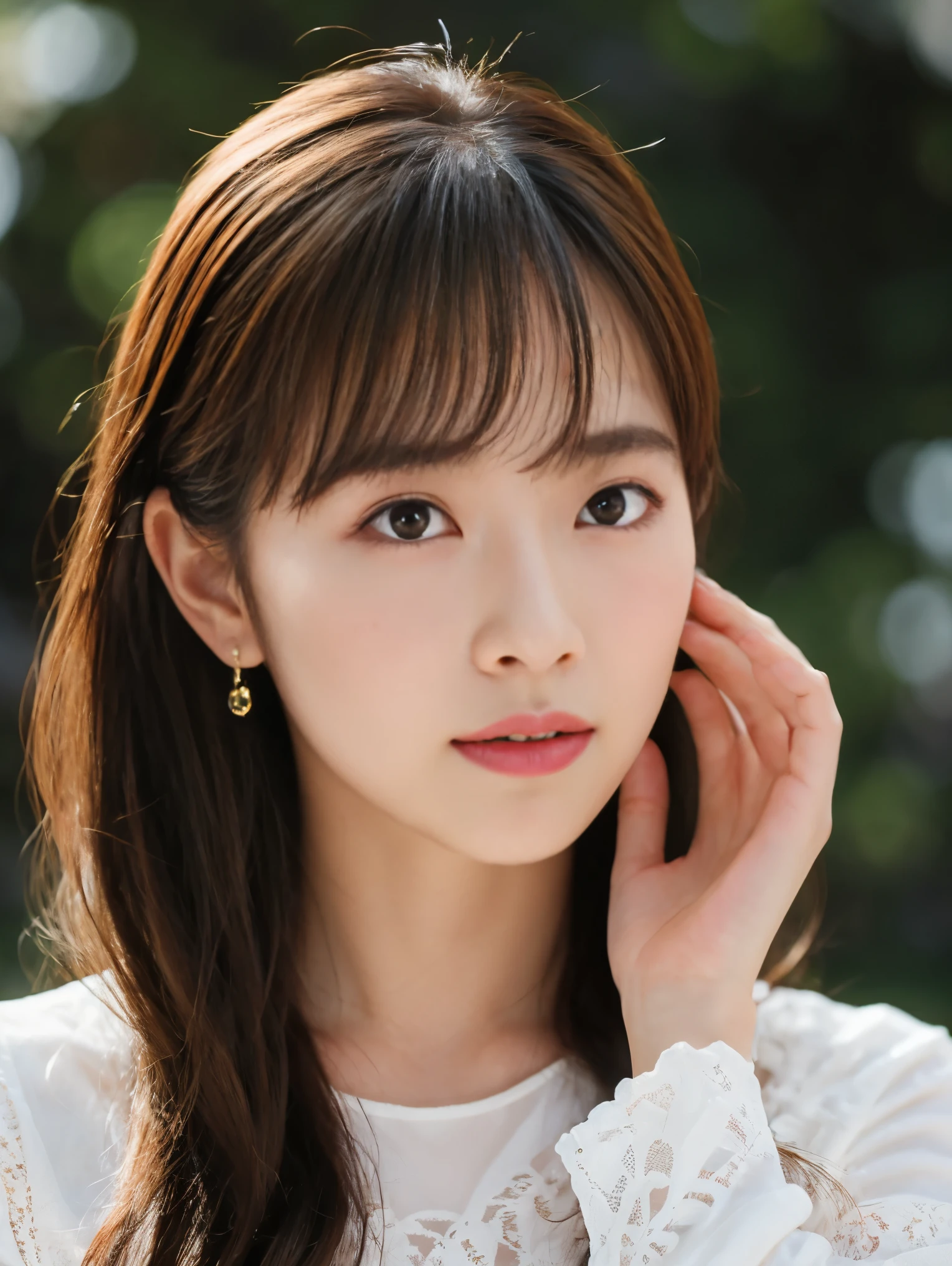 (daydream), 1 girl, Solo Images, Focus chest, (lace dress), (Highly realistic detail faces in 8k HD:1.5 (Soft Scene, Very low lightning), Detailed beautiful reflexed pupils, table top:1.3, Super high resolution:1.2, dynamic lighting)