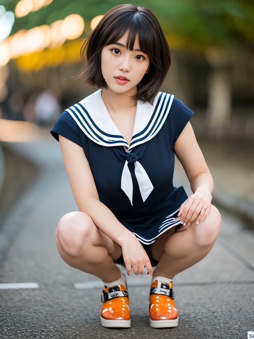 Unparalleled beauty and unparalleled cuteness Japan idol girl face, (lifelike face), Slim curvaceous figure, short hair, realistic eyes, beautiful eyes, (real skin), beautiful skin, Wedge Skin Tight Fit Japan girl Summer Sailor Suit, spread your legs, squatting legs, break, Nikon Z 85mm, break, Nikon Z 85mm, (RAW photo, masterpiece, UHD:1.5), (sharp focus:1.3), (realistic, Super detailed:1.4), super live action, natural soft light, professional lighting, Full-body shot from the front.
