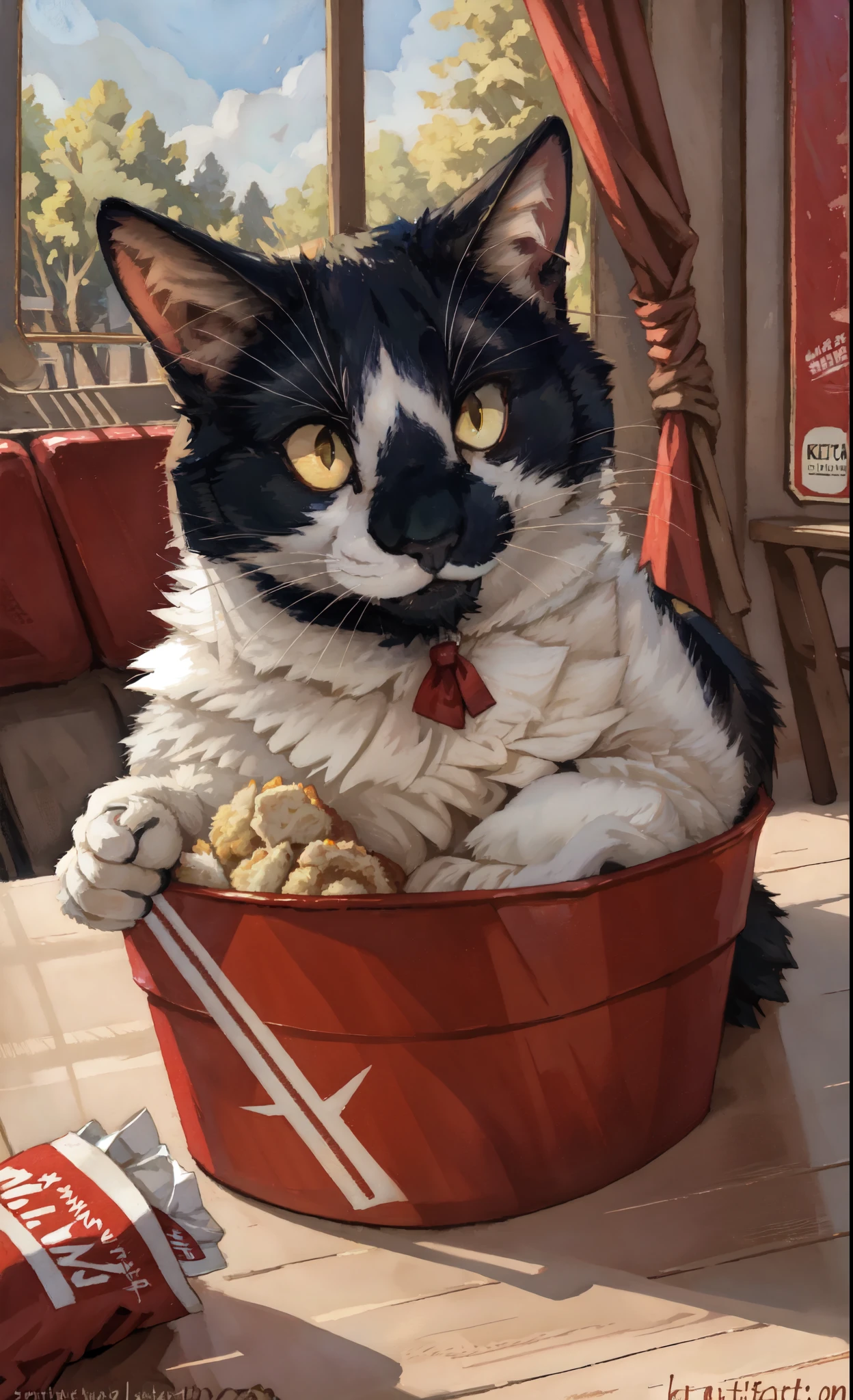 Leo, feral, black and white cat, fluffy, yellow cat eyes, cute cat, by kenket, inside of a kfc, smiling, happy, surrounded by fried chicken, in a kfc restaurant, popping out of a kfc bucket