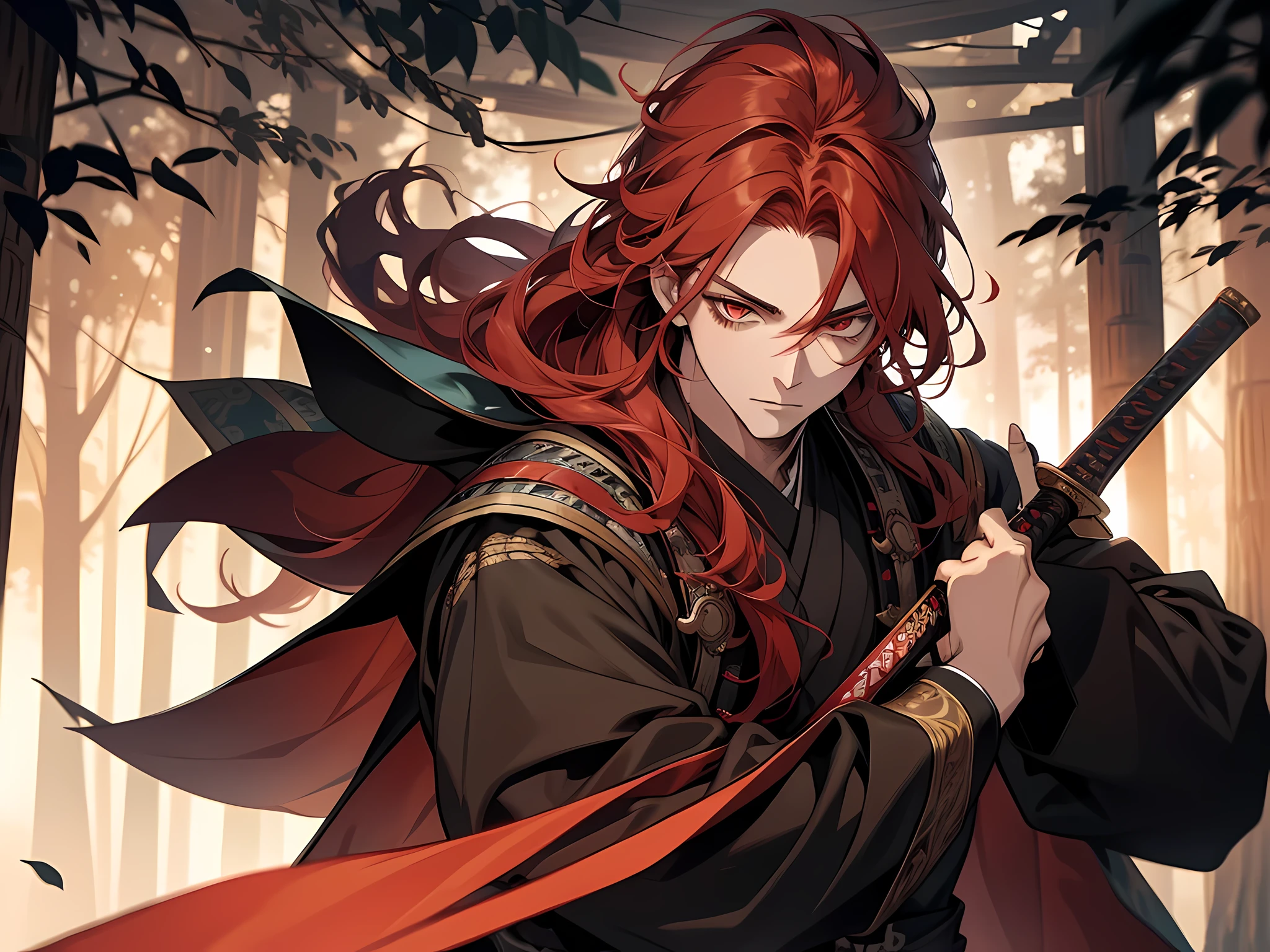 1 boy, red hair, long hair, red eye colors, face to detail, detailed eyes, wearing somekind of bandit outfit on han dynasty era, holding a sword, swordsman pose, in the camp inside the forest, full-body illustration