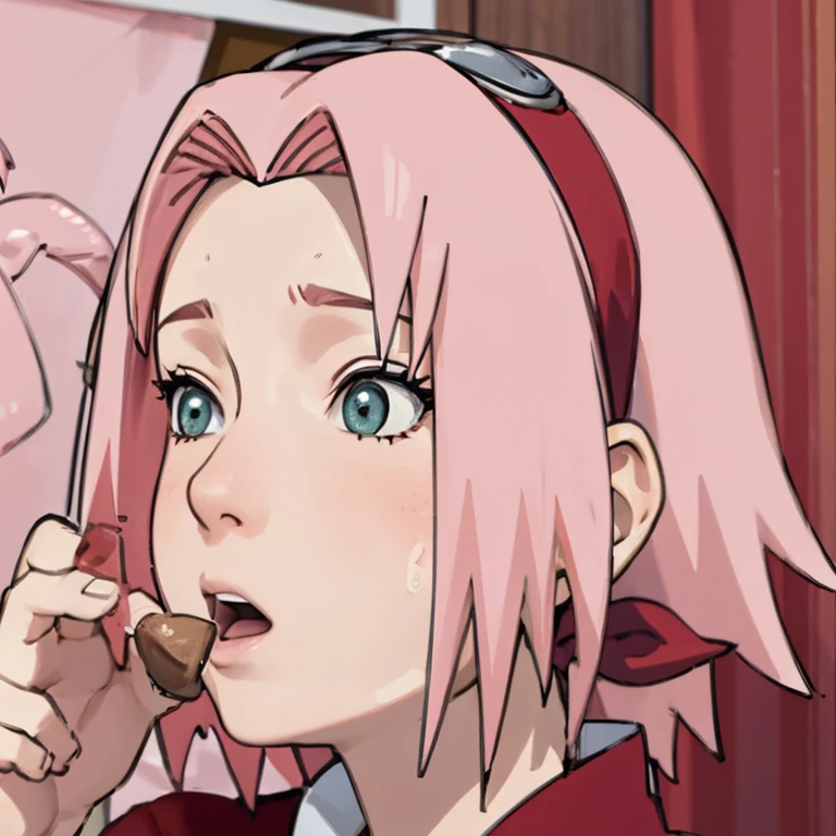 Sakura with her mouth open looks at the cock in her hands. her cheeks are red