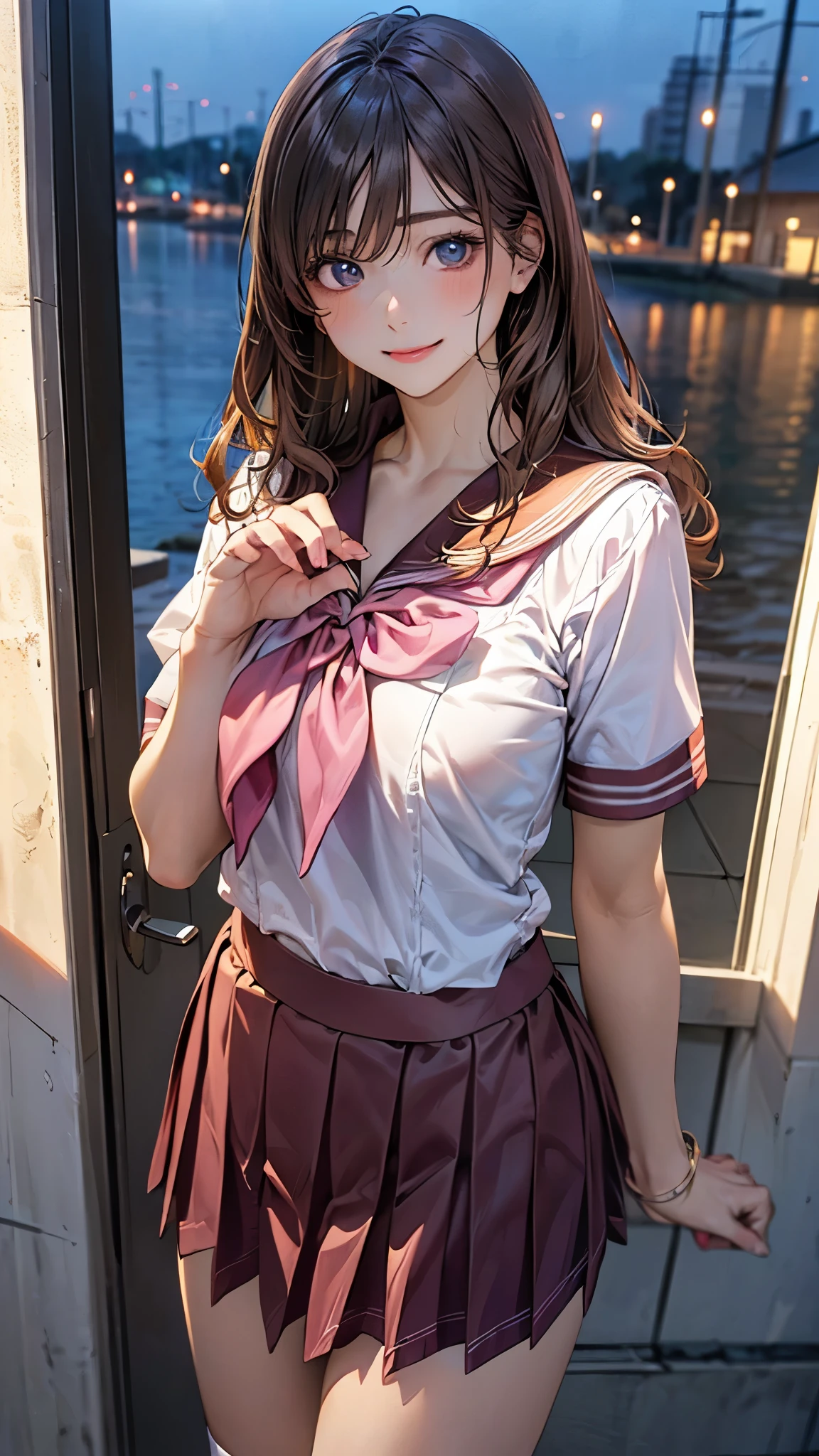 (masterpiece:1.2, top-quality), (realistic, photorealistic:1.4), beautiful illustration, (natural side lighting, movie lighting), nsfw,
looking at viewer, cowboy shot, front view:0.6, 1 girl, japanese, high school girl, perfect face, cute and symmetrical face, shiny skin,
(middle hair:1.2, wavy hair:1.2, light brown hair), bangs pinned back, blue eyes, long eye lasher, (large breasts:0.8, seductive thighs),
beautiful hair, beautiful face, beautiful detailed eyes, beautiful clavicle, beautiful body, beautiful chest, beautiful thigh, beautiful legs, beautiful fingers,
((detailed cloth texture, short sleeves cute sailor suit, pink pleated skirt, red sailor collar, pink sailor scarf, socks, brown loafers)),
(beautiful scenery), evening, riverside, standing, (cute, lovely smile, upper eyes),