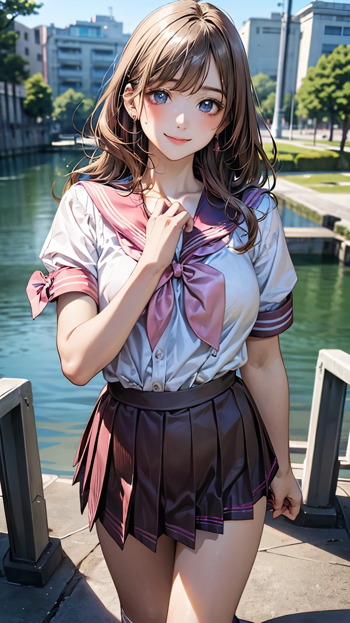 (masterpiece:1.2, top-quality), (realistic, photorealistic:1.4), beautiful illustration, (natural side lighting, movie lighting), nsfw, 
looking at viewer, cowboy shot, front view:0.6, 1 girl, japanese, high school girl, perfect face, cute and symmetrical face, shiny skin, 
(middle hair:1.2, wavy hair:1.2, light brown hair), bangs pinned back, blue eyes, long eye lasher, (large breasts:0.8, seductive thighs), 
beautiful hair, beautiful face, beautiful detailed eyes, beautiful clavicle, beautiful body, beautiful chest, beautiful thigh, beautiful legs, beautiful fingers, 
((detailed cloth texture, short sleeves cute sailor suit, pink pleated skirt, red sailor collar, pink sailor scarf, socks, brown loafers)), 
(beautiful scenery), evening, riverside, standing, (cute, lovely smile, upper eyes), 