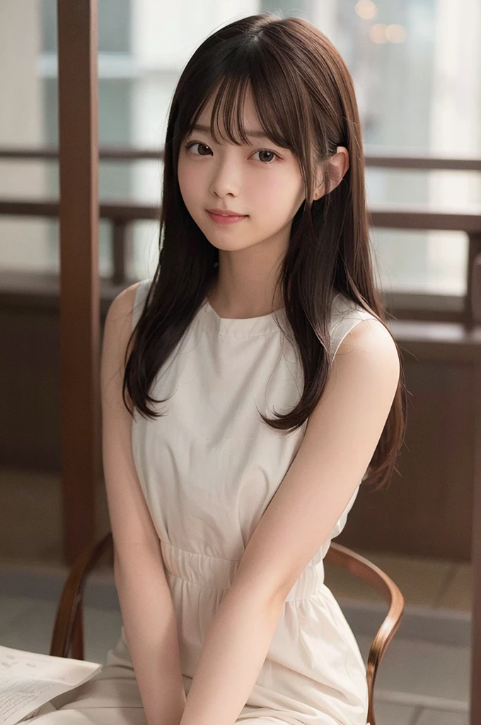 table top, highest quality, 8K, 1 girl, 20 me, closed mouth, smile, whole body, (whole body:1.4), alone, cute, girly, delicate girl, neat beauty, RAW photo, professional photography, portrait, soft light, professional lighting, Backlight, avert your eyes, watching from a distance, Sophisticated, film grain, (Eye and face details:1.0), medium length floating hair, beautiful flowing hair, bangs