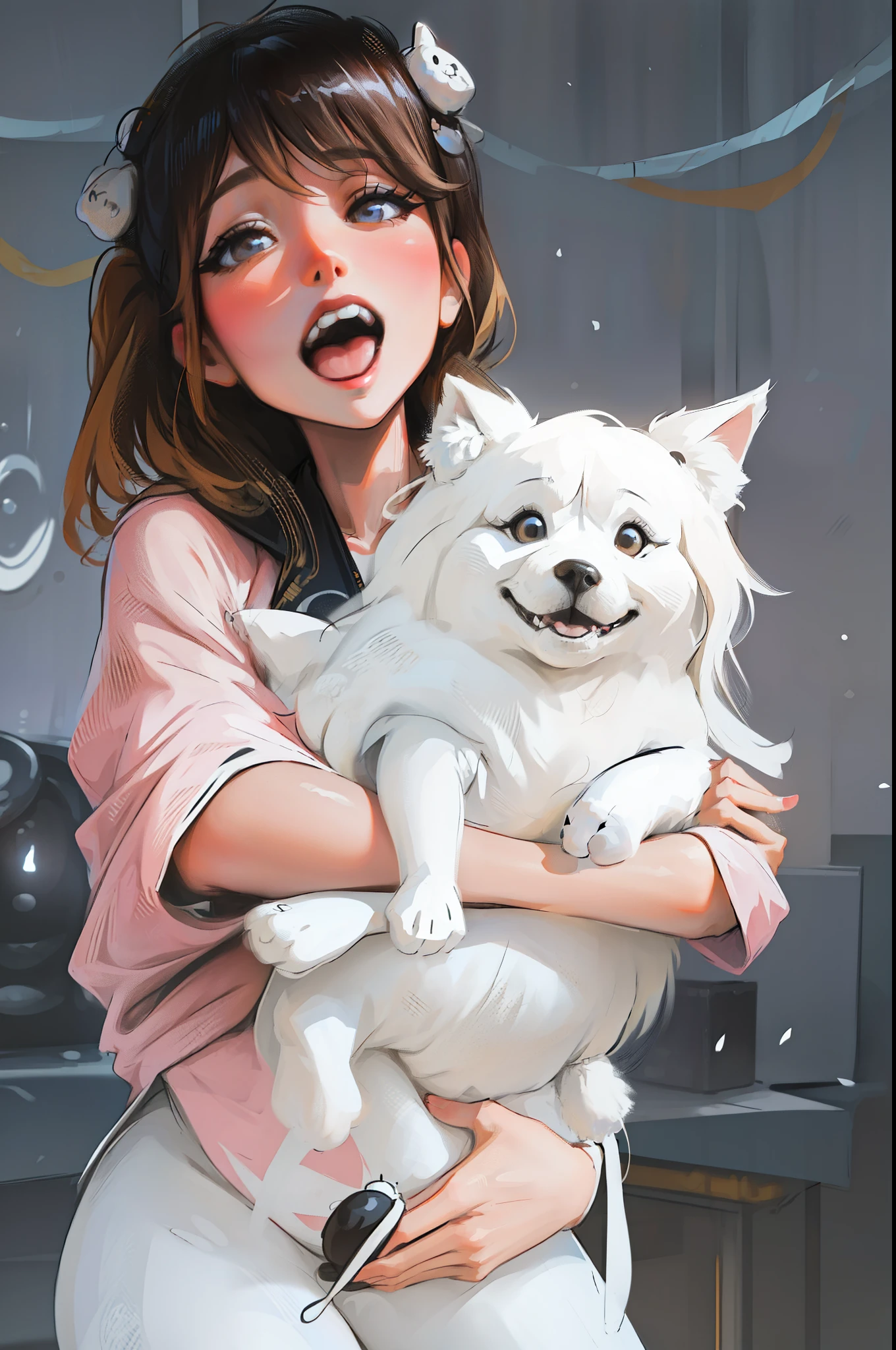araffe woman holding a white dog in her arms, small white dog at her side, anime woman, beautiful young enoshima Junko woman, gorgeous young blonde woman puppy, pomeranian, young asian woman, asian woman, cute dog, white fluffy fur, japanese dog, asian female, pet animal, asian female, happy facial expression