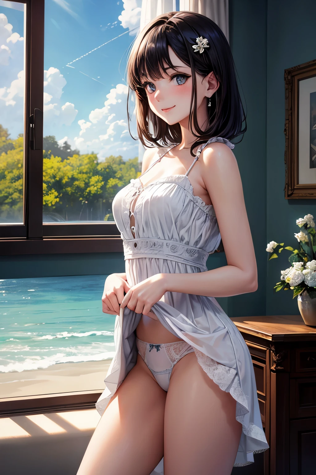 very cute and beautiful girl standing near window,frilled white sun dress with detailed lace,(skirt lift,white panties),
(highly detailed beautiful face and eyes:1.2),antique hotel bedroom with outside view,distant trees and ocean,
cowboy shot,smile,blush,medium hair,black hair,dynamic angle,(best quality,masterpiece:1.2),(intricate details),ultra-detailed,cinematic scene,
extremely detailed,highres,solo,natural lighting,light particles,beautiful detailed sky,