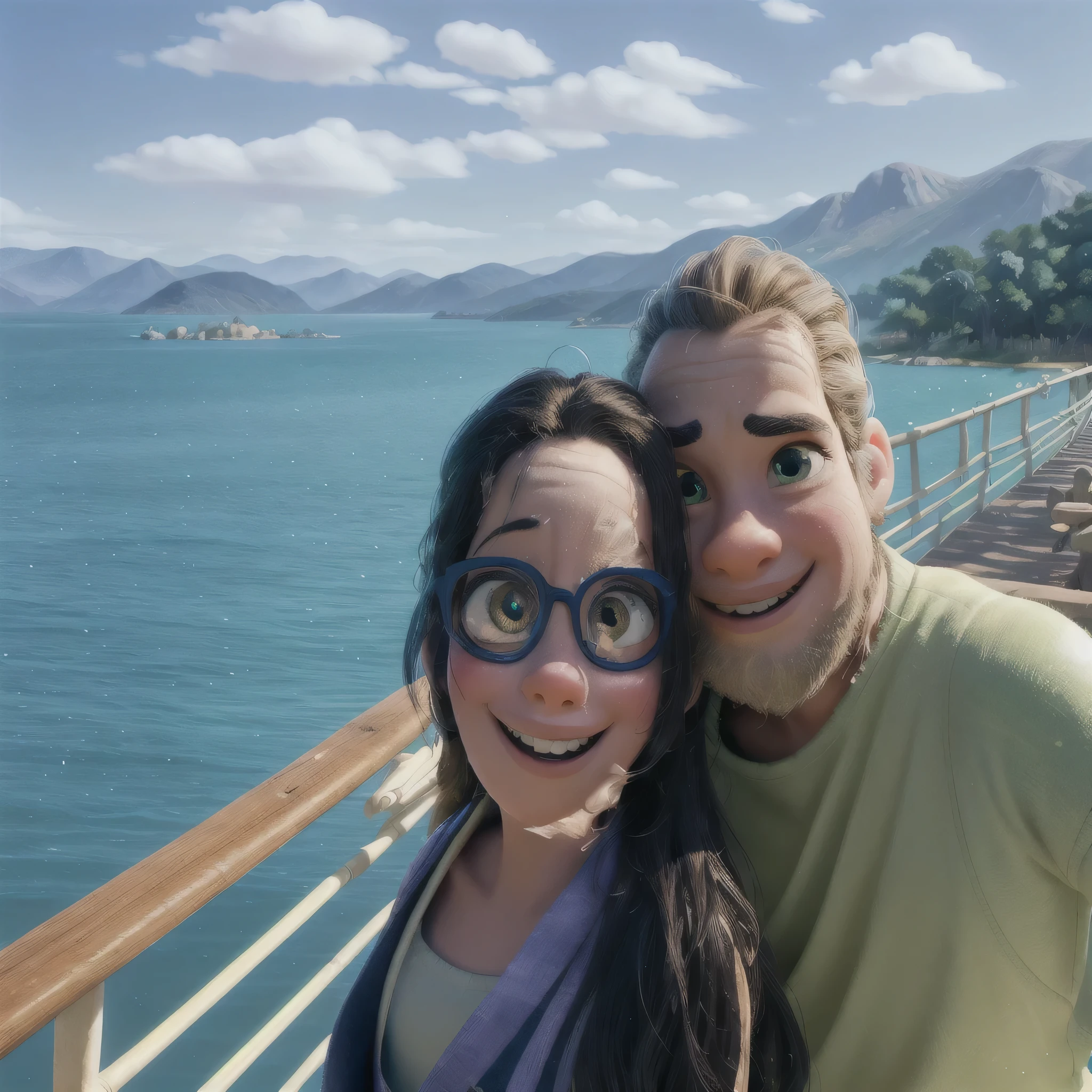 best quality,realistic,photorealistic:1.37,ultra-detailed,HD,UHD,studio lighting,vivid colors,Disney Pixar style,a woman and a man,cartoon-like characters,a magical kingdom background,whimsical atmosphere,colorful costumes,expressive facial features,sparkling eyes,happy smiles,lively and dynamic poses,playful interaction between the characters,magical powers and special abilities,enchanted forest with talking animals,fantastical creatures,adventurous journey,twinkling stars in the night sky,happiness and joy radiating from the scene,childlike wonder and imagination,storybook-like composition,emotional storytelling,attention to fine details,exceptional artistry and craftsmanship