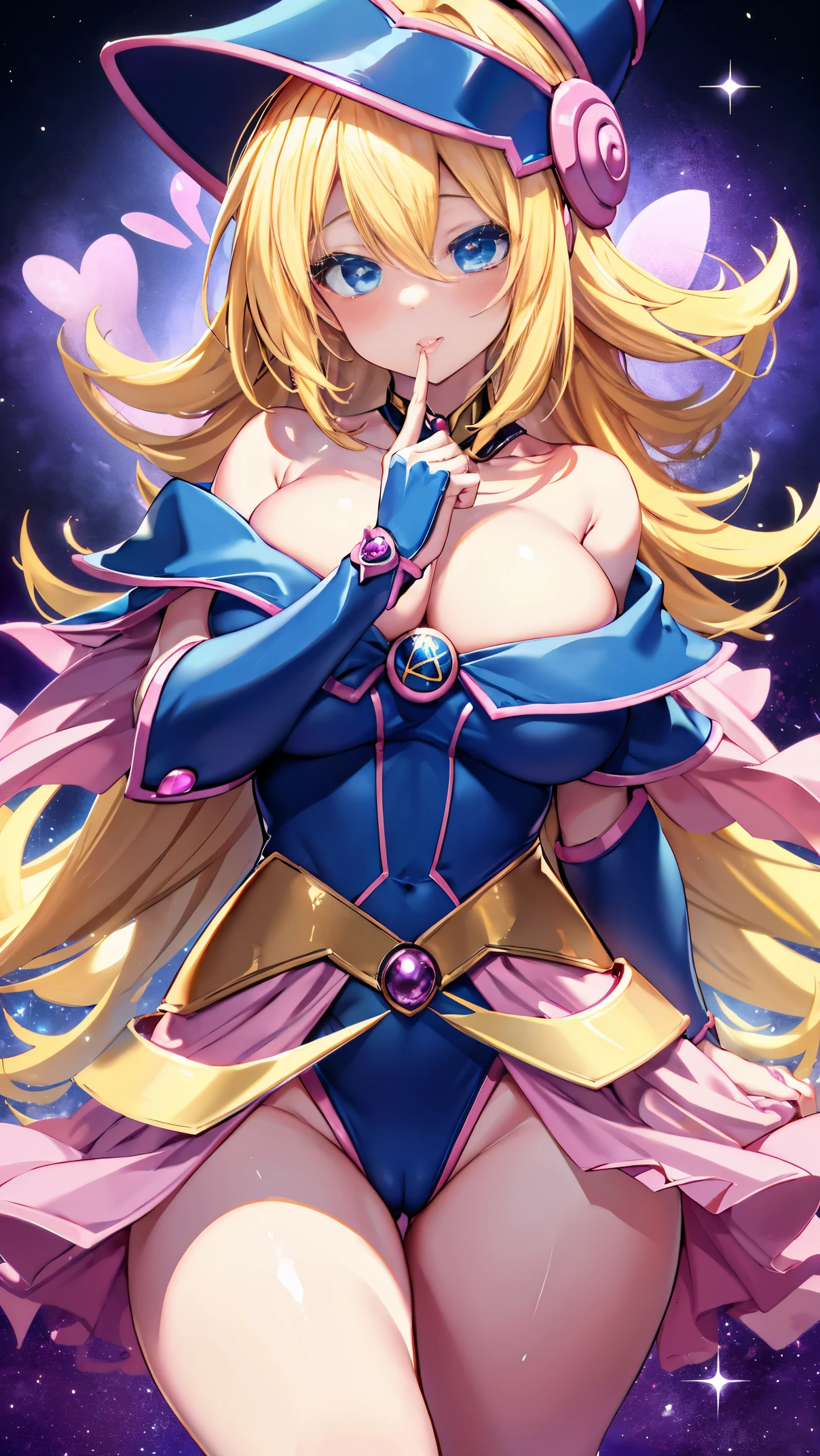 Black Magician Girl、super breasts、thick thighs、blonde hair、magic circle、8K, 4k, highest quality, High resolution: 1.2),winking、One breast exposed、cute anime face、Pink blush on cheeks、noise removal