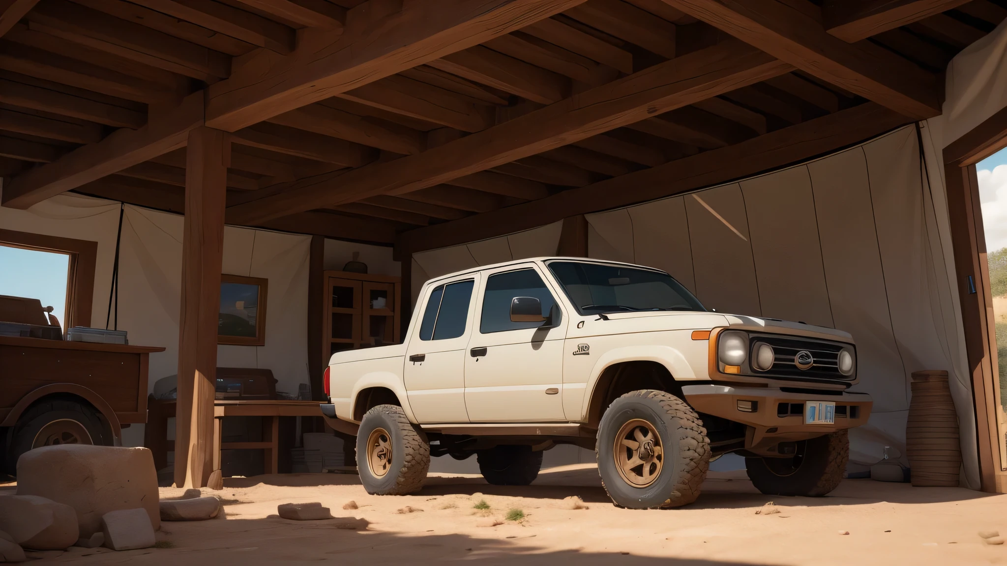 ((Masterpiece, best quality, photography, realistic, photo-realistic, pixar, 8k, highly detailed, full length frame, High detail RAW color art, diffused soft lighting, shallow depth of field, sharp focus, hyperrealism, cinematic lighting)); Disney Pixar Movie of two large SUVs with an open back, equipped with archaeological tools for excavation in the open field. There is a modern tent with a lounge for the egyptologists.