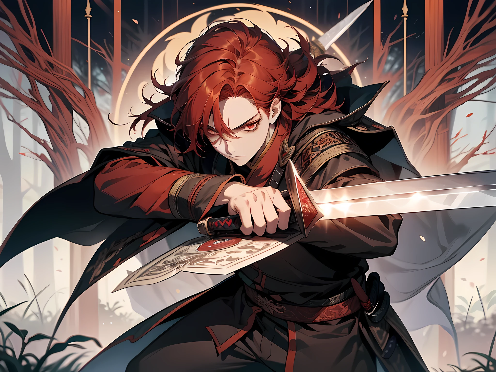 1 boy, red hair, long hair, red eye colors, face to detail, detailed eyes, wearing somekind of bandit outfit on han dynasty era, holding a sword, swordsman pose, in the camp inside the forest, perfect hands, perfect sword, full-body illustration