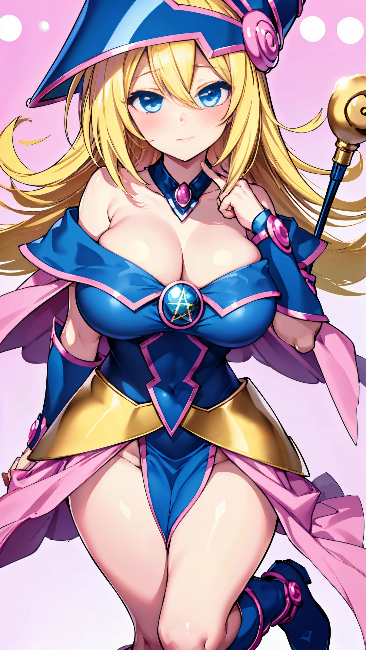 Black Magician Girl、super breasts、thick thighs、blonde hair、magic circle、8K, 4k, highest quality, High resolution: 1.2),winking、One breast exposed、cute anime face、Pink blush on cheeks、noise removal