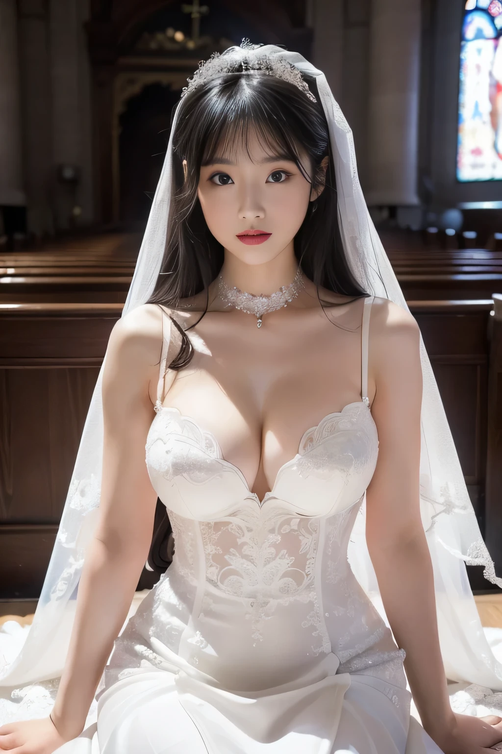 (Great masterpiece、High level image quality、high quality),(japanese woman、Women who want to marry、Idol、sexy、25 years old、1 girl)、(((Wedding dress、erotic、pure white,bride)))、(perfect anatomy、plump and beautiful limbs)、(((healthy body、good looks、beautiful skin、big breasts、cleavage、tight waist、plump hips)))、Full body Esbian、(Glittery black hair、Crystal clear black eyes、beautiful lips、double eyelid、sexyなポーズ、The emergence of powerful eros to fascinate)、professional photos、artistic background、Image of happiness、Crystallization of love、pure love、In front of the church、