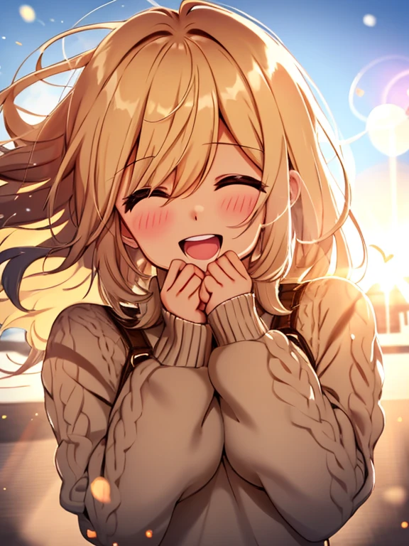 girl, cozy sweater, Upper body, (great laugh:1.1), (open your mouth:1.1), (wide open eyes:1.2), glare of the sun, Bokeh, Depth of bounds written, blurred background, particles of light, strong wind, (heart particles:1.1)