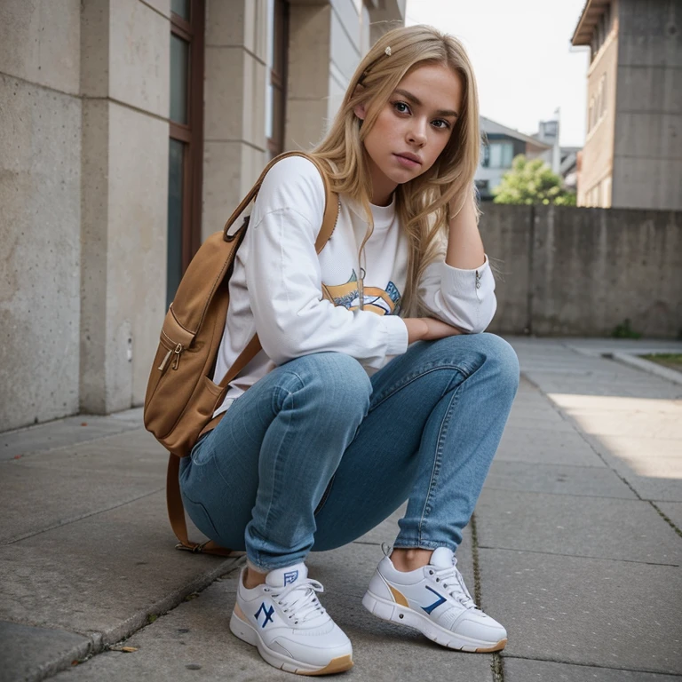  A stunning beauty with blonde hair and  rare combination of features sneakers made from a unique material with a stylish design. She wears jeans and carries a backpack, her expression determined and focused.