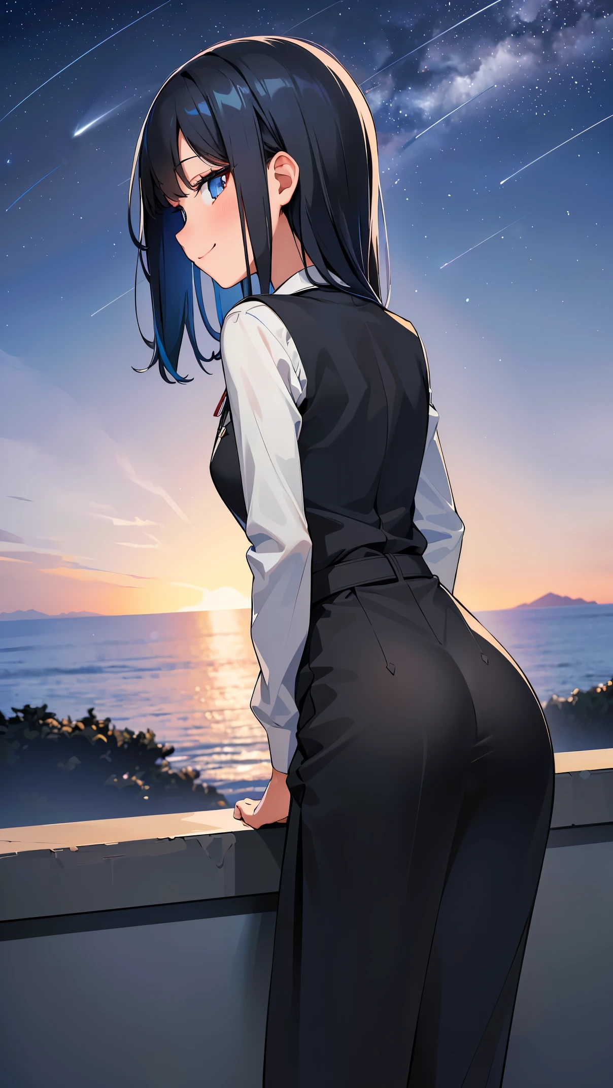 (8K, RAW photo, highest quality, masterpiece: 1.2), High-definition RAW color photo, professional photography, cinematic light, alone, (((young woman, gal))), (Sharp features), (small face), (high detail skin: 1.2), clavicle, cute face, beautiful appearance, long eyelashes, ((black hair, Long Straight, blue eyes, inner colored hair)), slender body, ((shy smile)), blush all over the face, school uniform, collared shirt, blazer, long sleeve, black pleated skirt, (((with your back turned, Leaning forward, Are standing, buttを向けて おしりを差し出します:1.9))), butt, butt:1.9, buttを見る, Close-up shot of buttocks, From the back, think back, night view background, ((starry skies, shooting star)),