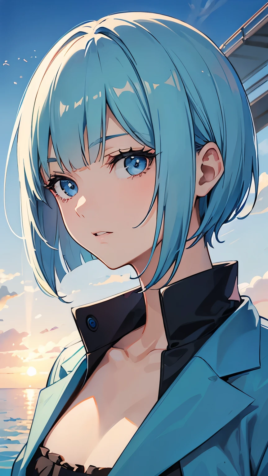 first-class、high resolution、One Beautiful Boy、facing forward、face、Light blue bob cut hair、blue eyes、British style one piece coat