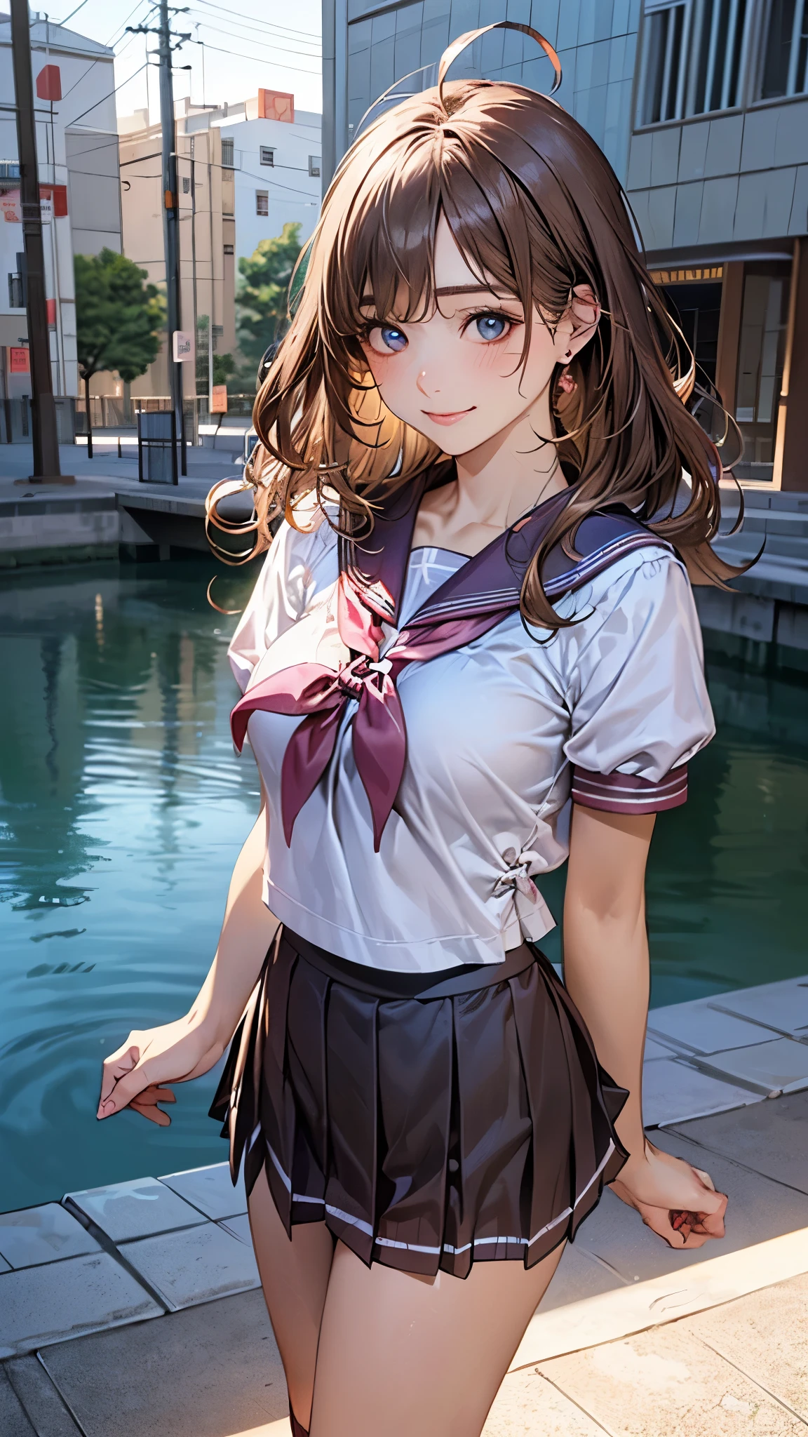(masterpiece:1.2, top-quality), (realistic, photorealistic:1.4), beautiful illustration, (natural side lighting, movie lighting), nsfw,
looking at viewer, cowboy shot, front view:0.6, 1 girl, japanese, high school girl, perfect face, cute and symmetrical face, shiny skin,
(middle hair:1.2, wavy hair:1.2, light brown hair), bangs pinned back, ahoge, blue eyes, long eye lasher, (large breasts:0.8, seductive thighs),
beautiful hair, beautiful face, beautiful detailed eyes, beautiful clavicle, beautiful body, beautiful chest, beautiful thigh, beautiful legs, beautiful fingers,
((detailed cloth texture, short sleeves cute sailor suit, pink pleated skirt, red sailor collar, pink sailor scarf, socks, brown loafers)),
(beautiful scenery), evening, riverside, standing, (cute, lovely smile, upper eyes),