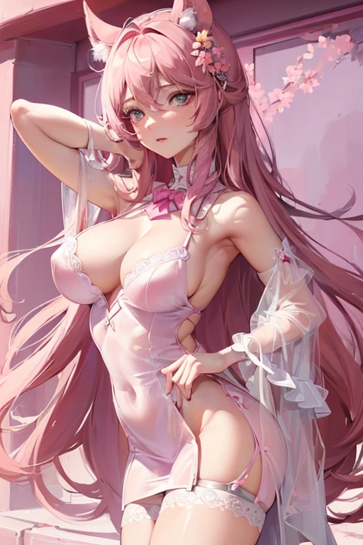 (High resolution), (32K), (very very highly detailed), (beautiful and delicate eyes), (best quality), (super detailed), (master piece), (Detailed and delicate face), solo,Highly detailed face and skin texture,fine eyes,double eyelid,spread your legs、spread legs,high details,stiletto heels,(dynamic pose),1 female, long hair , long legs、 (camel toe),(((big breasts))、Exposing genitals without wearing pants,The protruding PUssy ,cocked ass,I grew up sexy、(((transparent mini dress)))、Wearing a sheer dress、Sheer skin、Sheer skin、best style、pink nipples、Transparent pink nipples、ピンク色の柱とPink skyの背景, heaven pink, Pink background, Pink sky、Pink clouds、pink flowers、pink etherの領域, (Pink bathroom,) pink water surface、pink ether、pink water all over、Pink light、Pink sky間