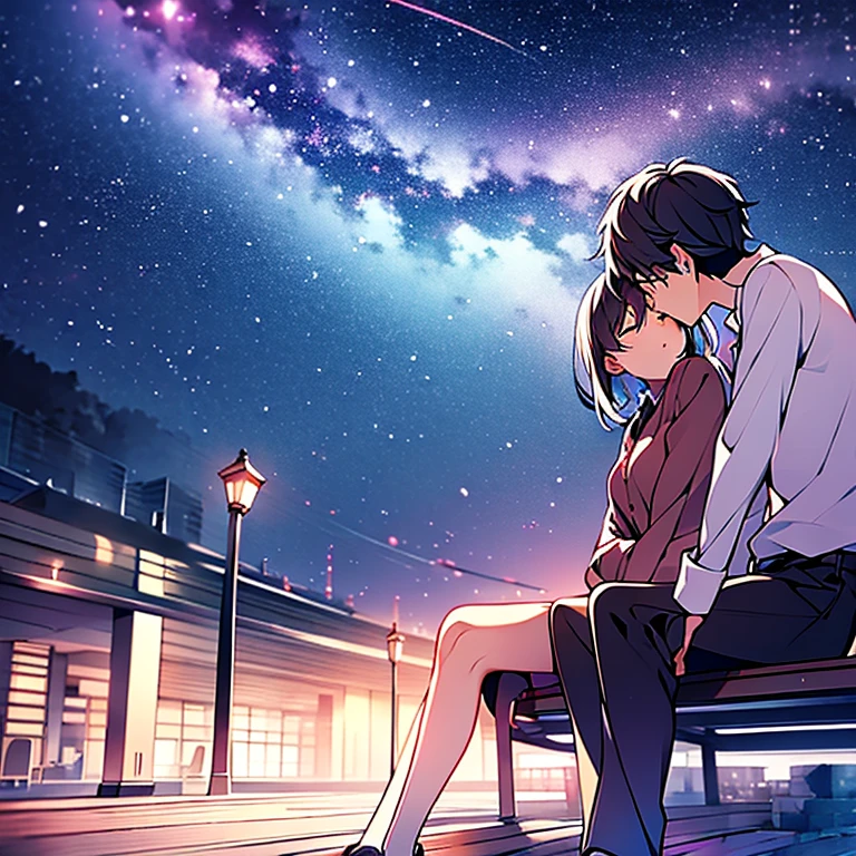 The night sky shines、On a park bench、A man and a woman have a gentle kiss、