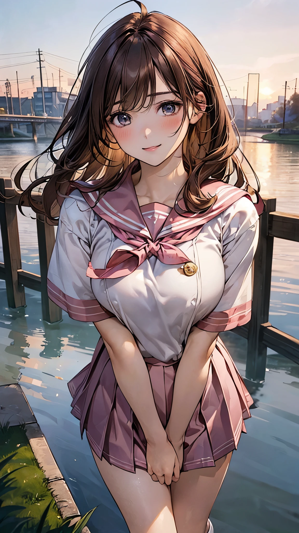 (masterpiece:1.2, top-quality), (realistic, photorealistic:1.4), beautiful illustration, (natural side lighting, movie lighting), nsfw,
looking at viewer, cowboy shot, front view:0.6, 1 girl, japanese, high school girl, perfect face, cute and symmetrical face, shiny skin,
(middle hair:1.2, wavy hair:1.2, light brown hair), bangs pinned back, ahoge, blue eyes, long eye lasher, (large breasts:0.8, seductive thighs),
beautiful hair, beautiful face, beautiful detailed eyes, beautiful clavicle, beautiful body, beautiful chest, beautiful thigh, beautiful legs, beautiful fingers,
((detailed cloth texture, short sleeves cute sailor suit, pink pleated skirt, red sailor collar, pink sailor scarf, socks, brown loafers)),
(beautiful scenery), evening, riverside, standing, (cute, lovely smile, upper eyes),