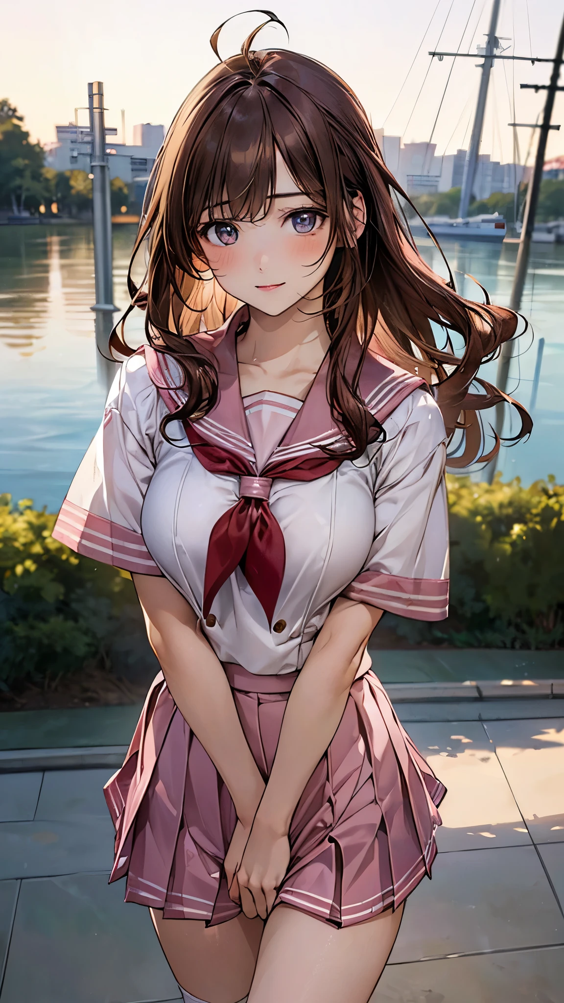 (masterpiece:1.2, top-quality), (realistic, photorealistic:1.4), beautiful illustration, (natural side lighting, movie lighting), nsfw, 
looking at viewer, cowboy shot, front view:0.6, 1 girl, japanese, high school girl, perfect face, cute and symmetrical face, shiny skin, 
(middle hair:1.2, wavy hair:1.2, light brown hair), bangs pinned back, ahoge, blue eyes, long eye lasher, (large breasts:0.8, seductive thighs), 
beautiful hair, beautiful face, beautiful detailed eyes, beautiful clavicle, beautiful body, beautiful chest, beautiful thigh, beautiful legs, beautiful fingers, 
((detailed cloth texture, short sleeves cute sailor suit, pink pleated skirt, red sailor collar, pink sailor scarf, socks, brown loafers)), 
(beautiful scenery), evening, riverside, standing, (cute, lovely smile, upper eyes), 