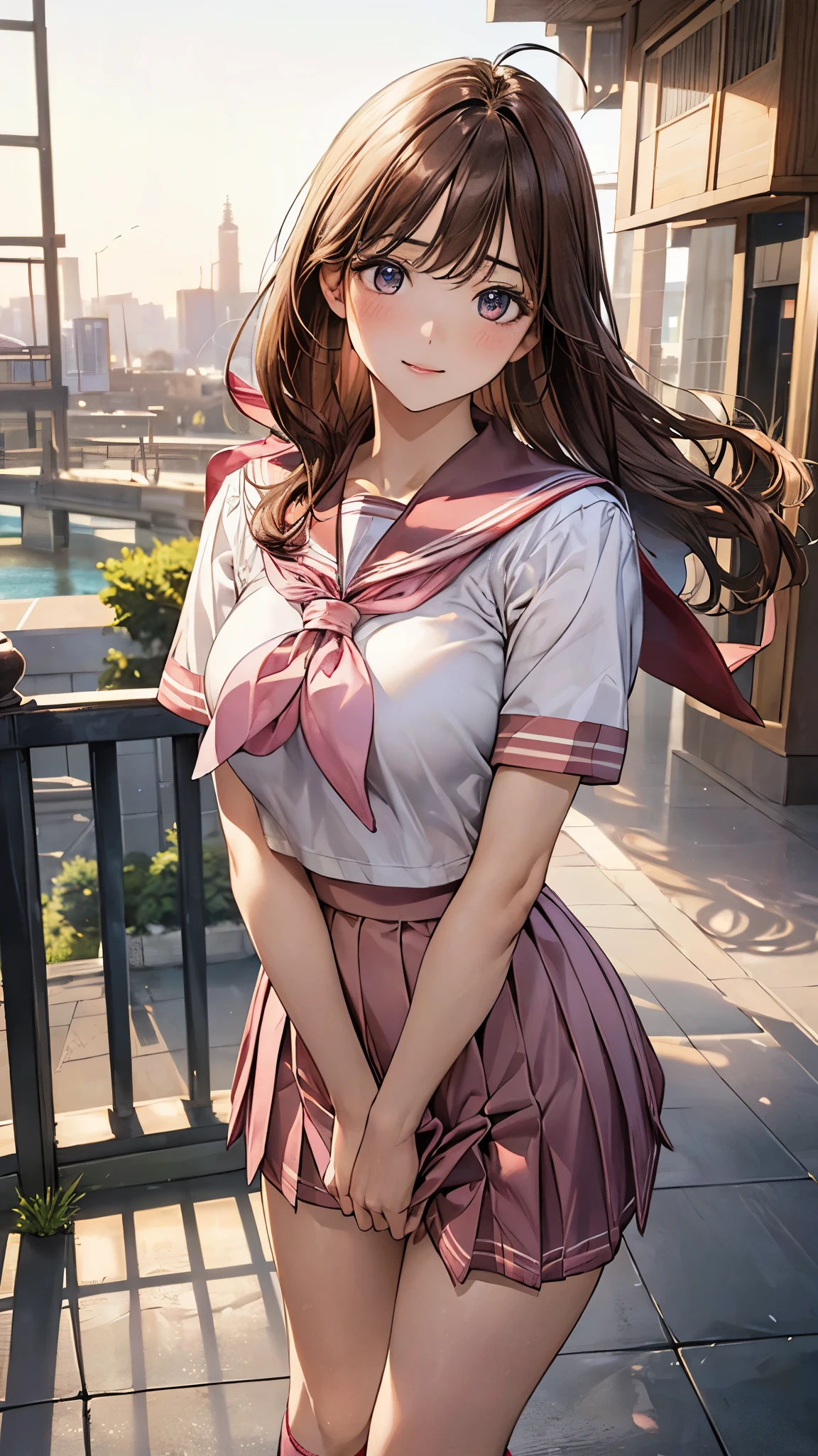 (masterpiece:1.2, top-quality), (realistic, photorealistic:1.4), beautiful illustration, (natural side lighting, movie lighting), nsfw, 
looking at viewer, cowboy shot, front view:0.6, 1 girl, japanese, high school girl, perfect face, cute and symmetrical face, shiny skin, 
(middle hair:1.2, wavy hair:1.2, light brown hair), bangs pinned back, ahoge, blue eyes, long eye lasher, (large breasts:0.8, seductive thighs), 
beautiful hair, beautiful face, beautiful detailed eyes, beautiful clavicle, beautiful body, beautiful chest, beautiful thigh, beautiful legs, beautiful fingers, 
((detailed cloth texture, short sleeves cute sailor suit, pink pleated skirt, red sailor collar, pink sailor scarf, socks, brown loafers)), 
(beautiful scenery), evening, riverside, standing, (cute, lovely smile, upper eyes), 