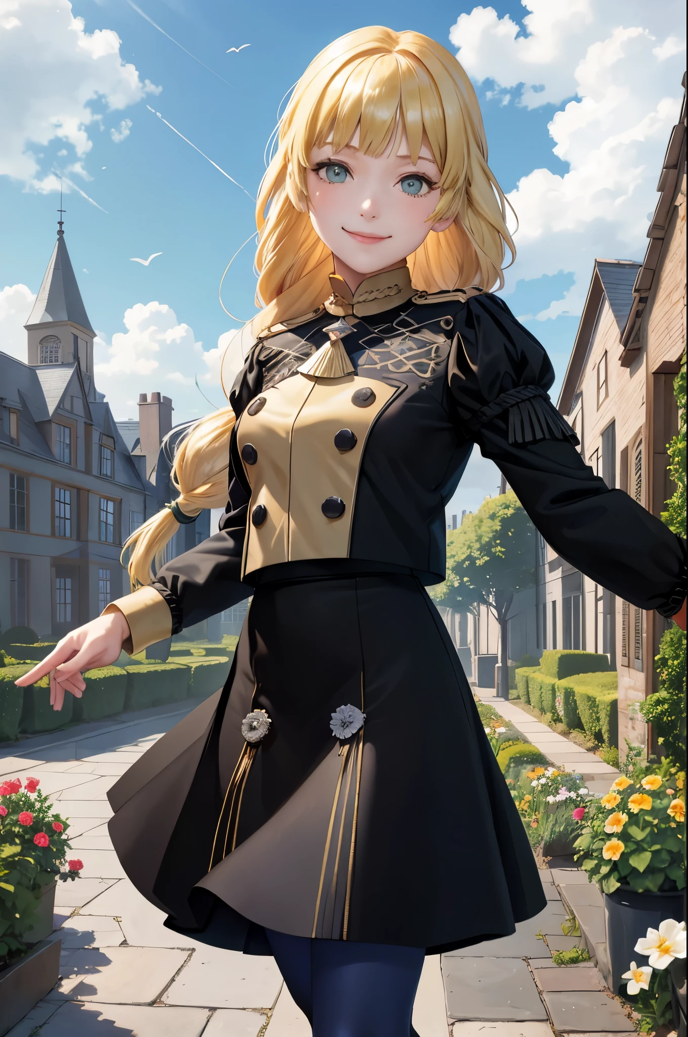 masterpiece, best quality,  defingrid, bangs, braided ponytail, black jacket, black skirt, blue pantyhose, looking at viewer, smile, garden, blue sky, clouds, upper body, standing